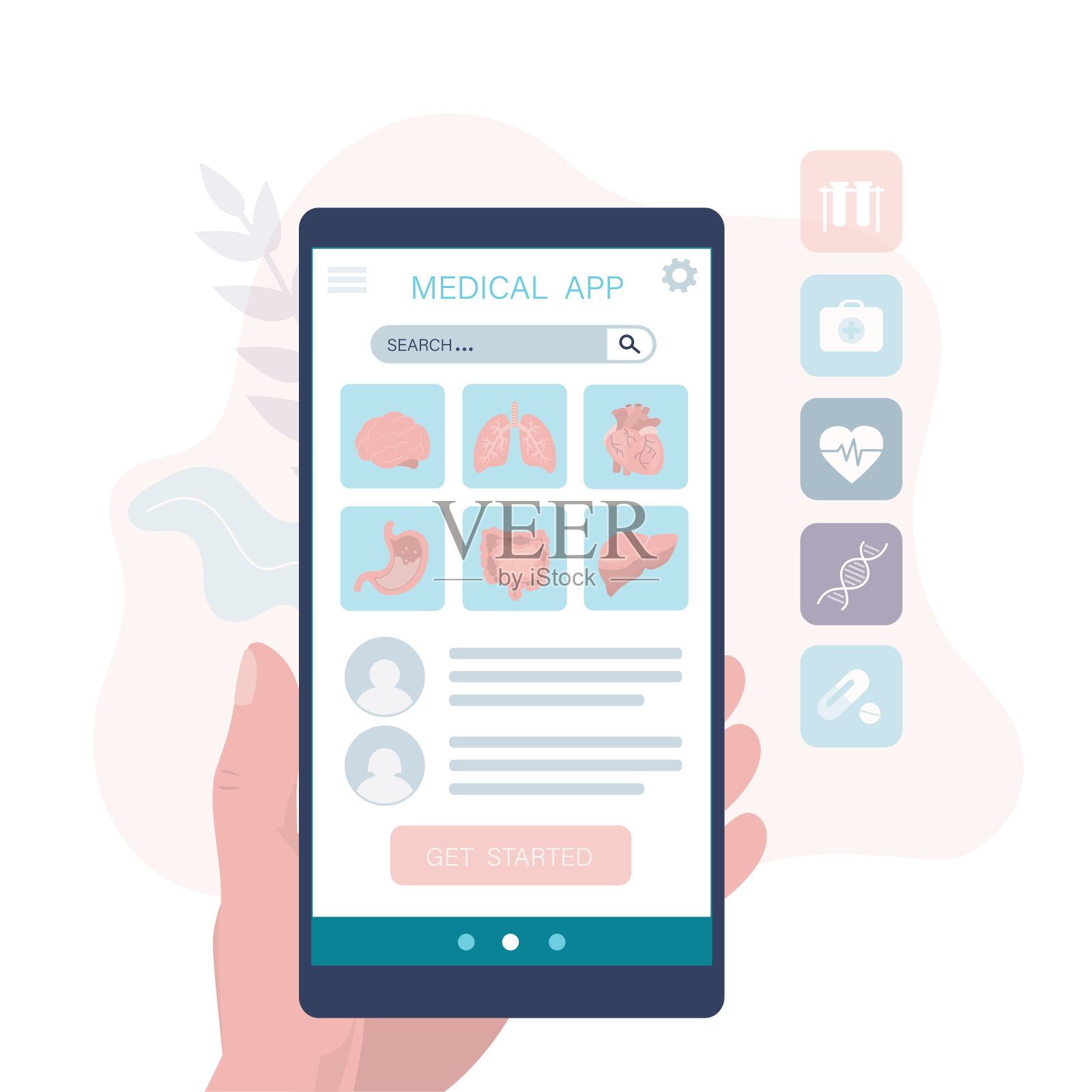 数字医疗，医疗保健。手机屏幕上有医疗app，通过智能手机选择医疗服务或专家。远程医疗，在线支持。插画图片素材