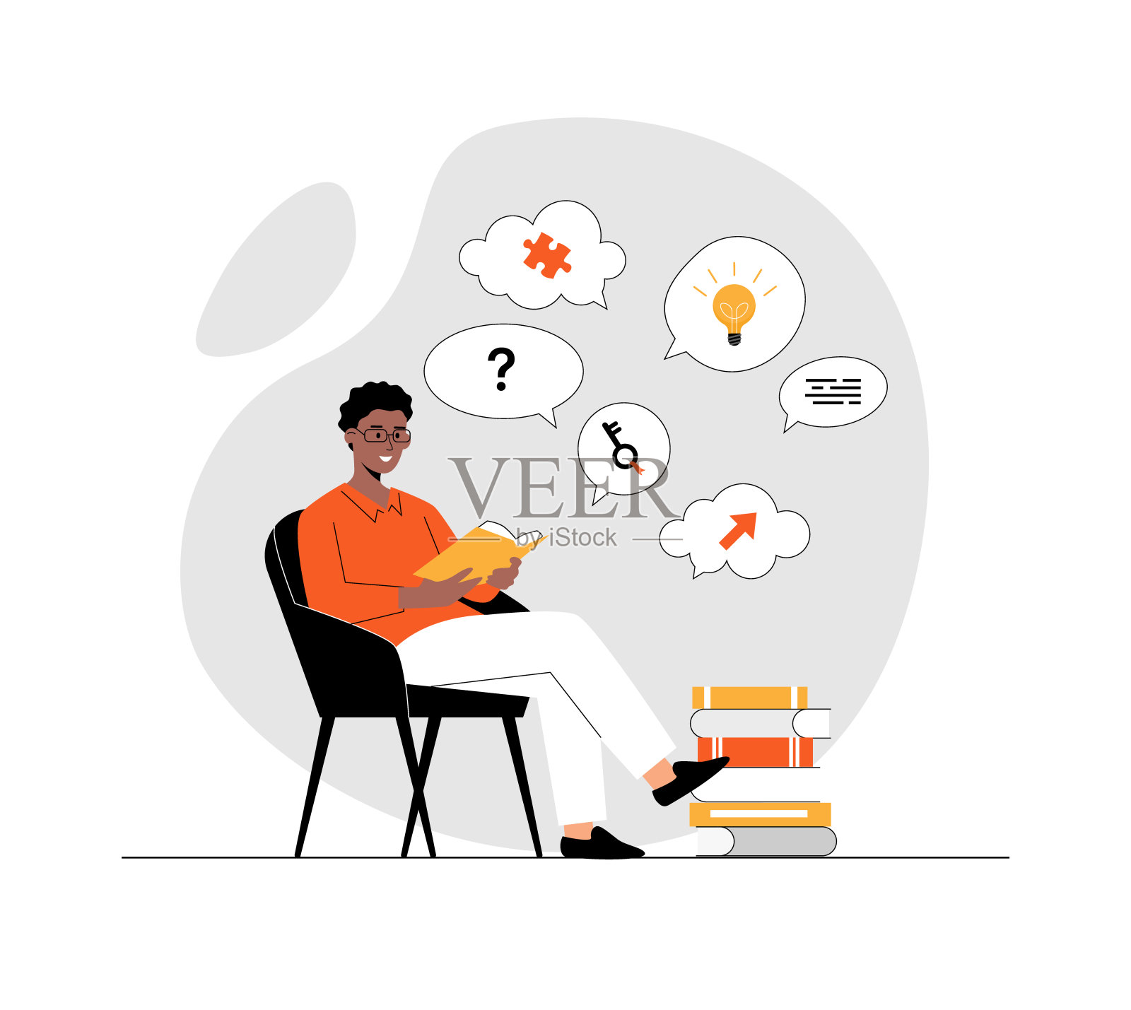 寻找想法，解决方案，头脑风暴的过程。负责寻找信息和项目开发的书籍。插图与人的场景在平面设计的网站和移动开发插画图片素材