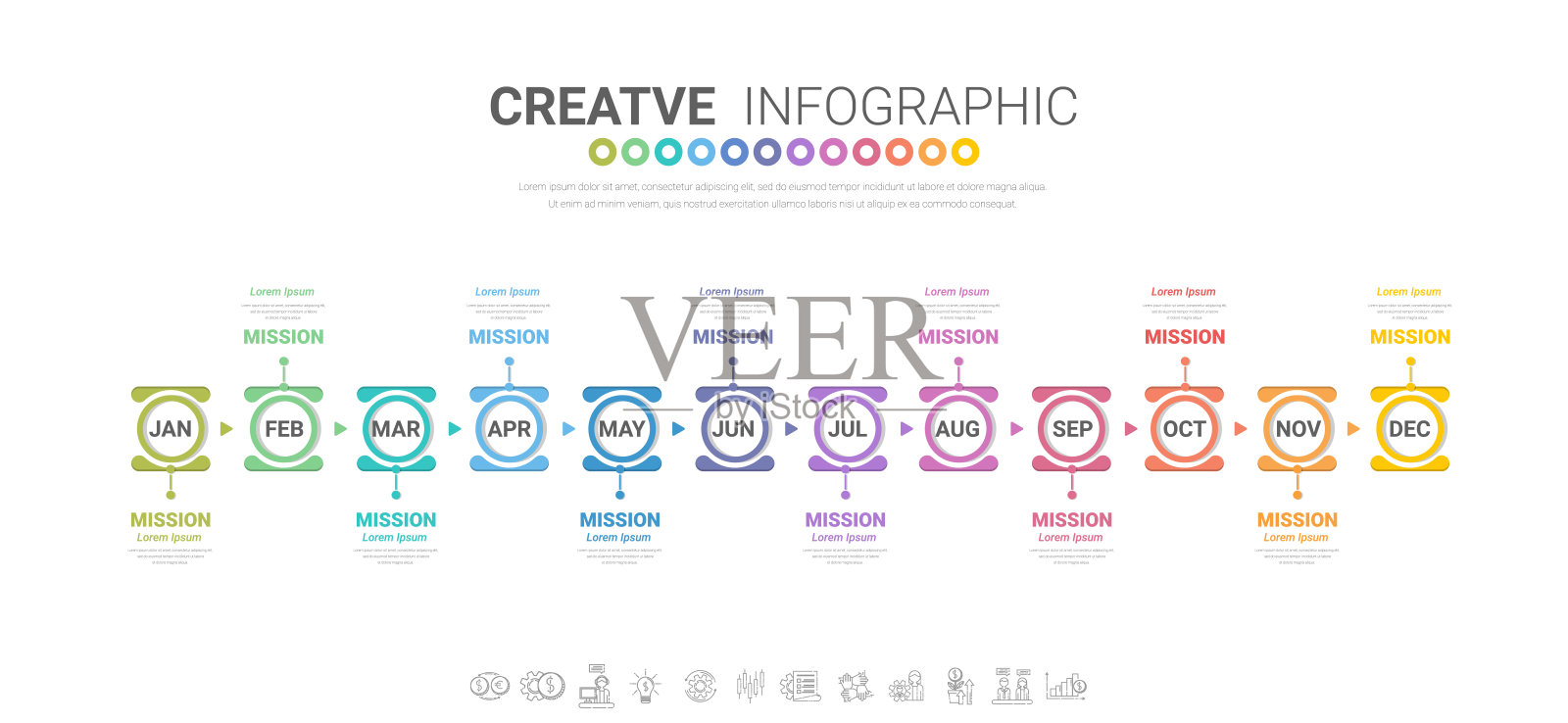 时间轴为1年，日历，12个月，演示业务4个季度，Infographic时间轴可用于工作流程，流程图，流程图。插画图片素材