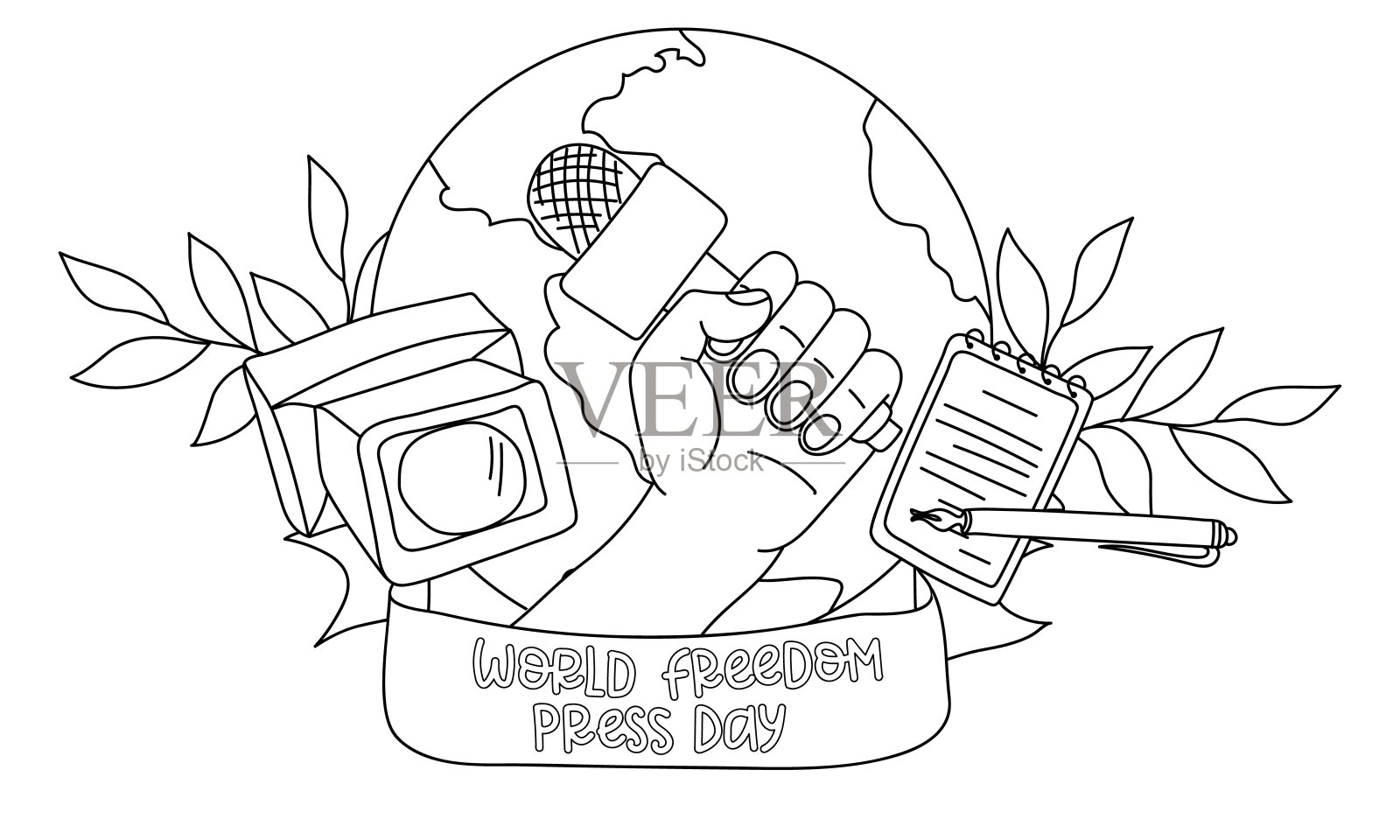 5月3日世界新闻自由日的横幅。画等高线的手用麦克风、摄像机、笔记本笔、支纸。黑白插图。一个简单的横幅打印插画图片素材