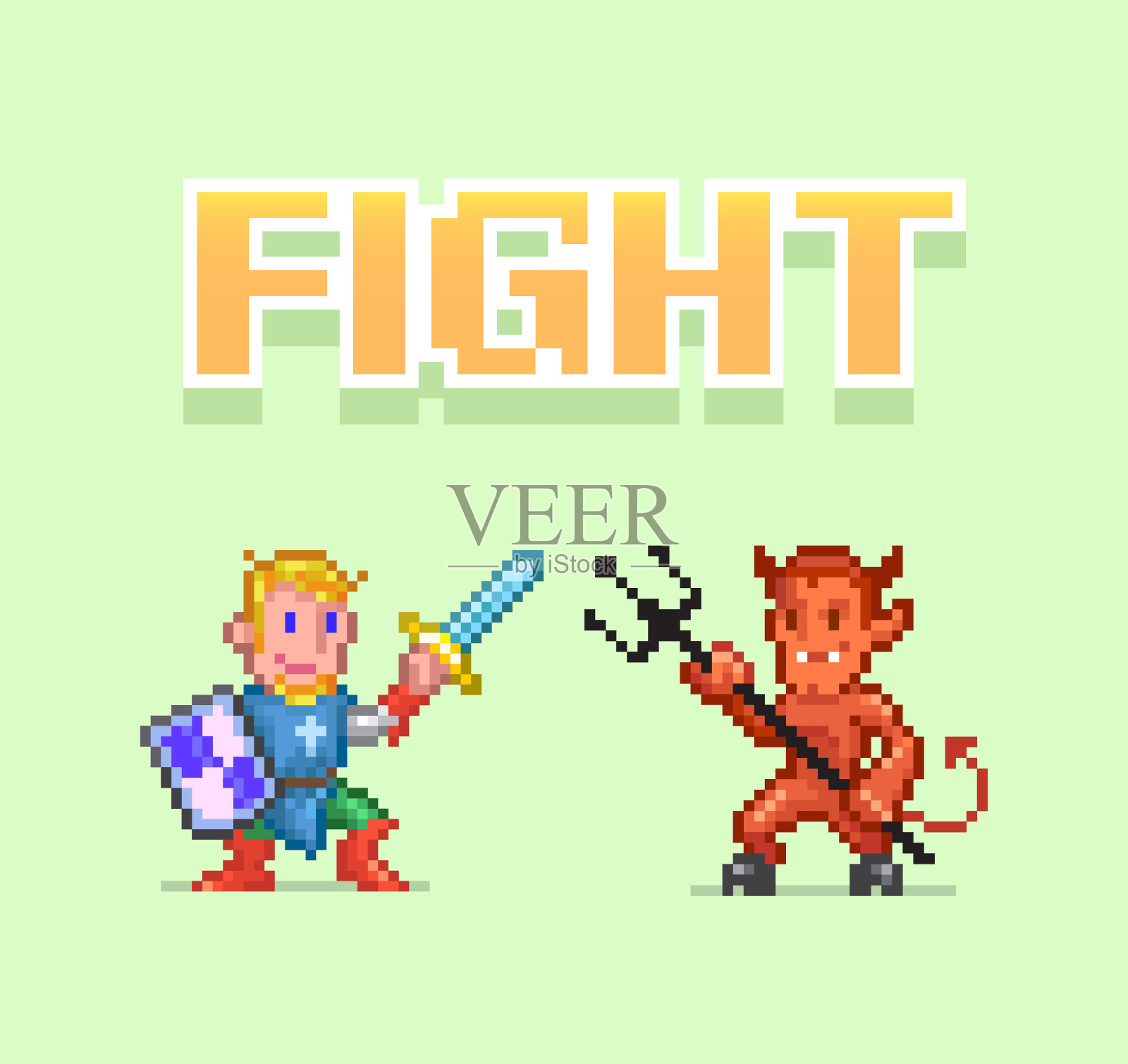 彩色简单的矢量像素艺术插图卡通骑士圣殿与剑和恶魔与三叉戟在复古的视频游戏平台的水平风格插画图片素材