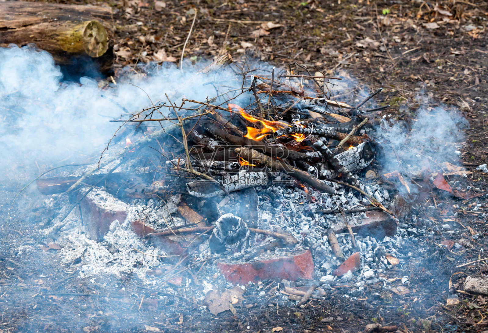 用花园空地上的树枝在室外生火照片摄影图片