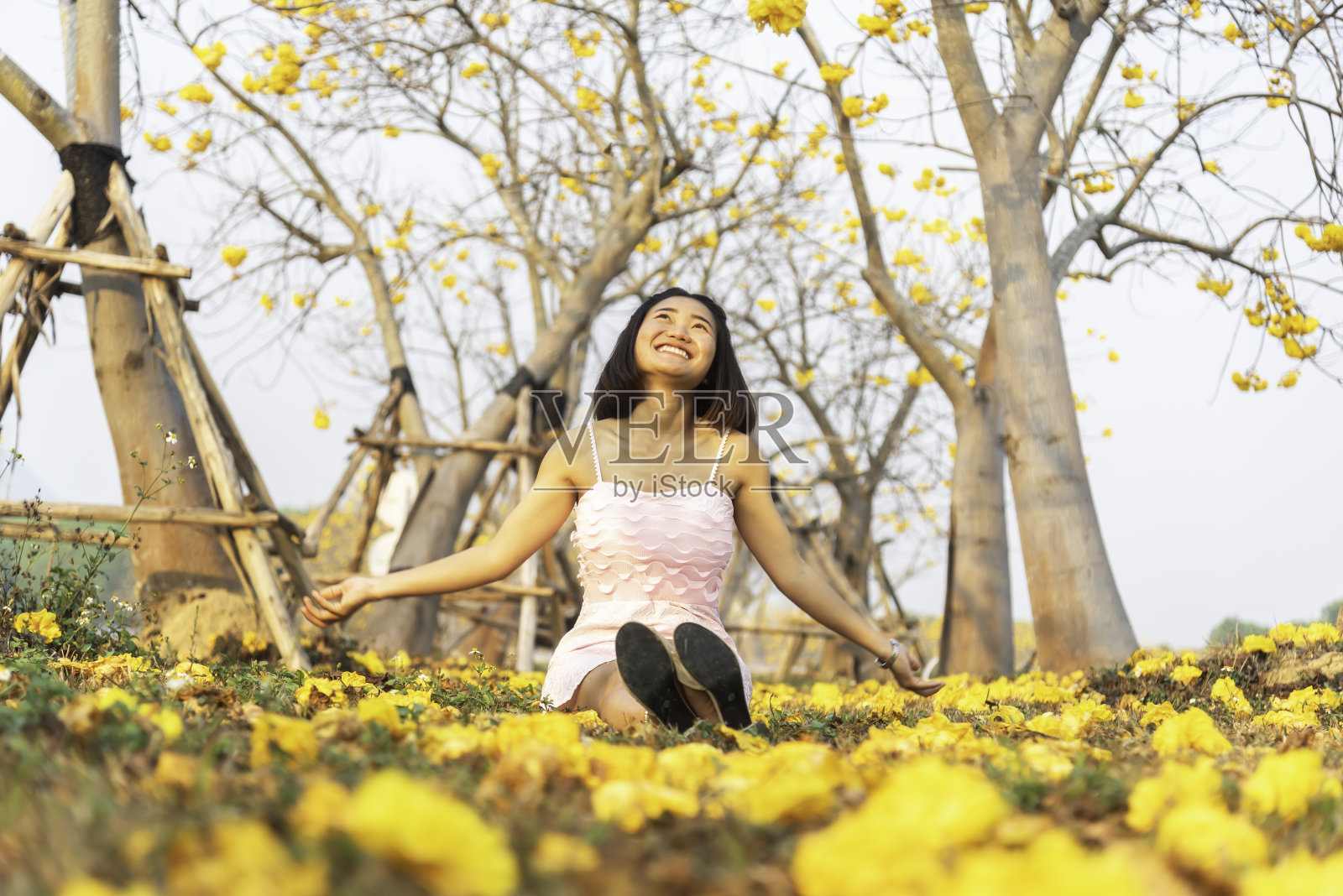 快乐的亚洲女性生活方式在花日出。在大自然中放松和享受。生活方式的概念照片摄影图片