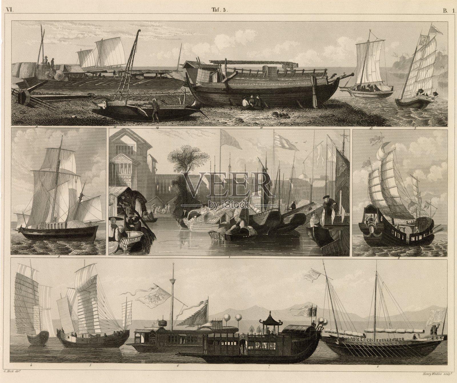 古董海军印刷-古代非欧洲船只- 1851年约翰赫克插画图片素材