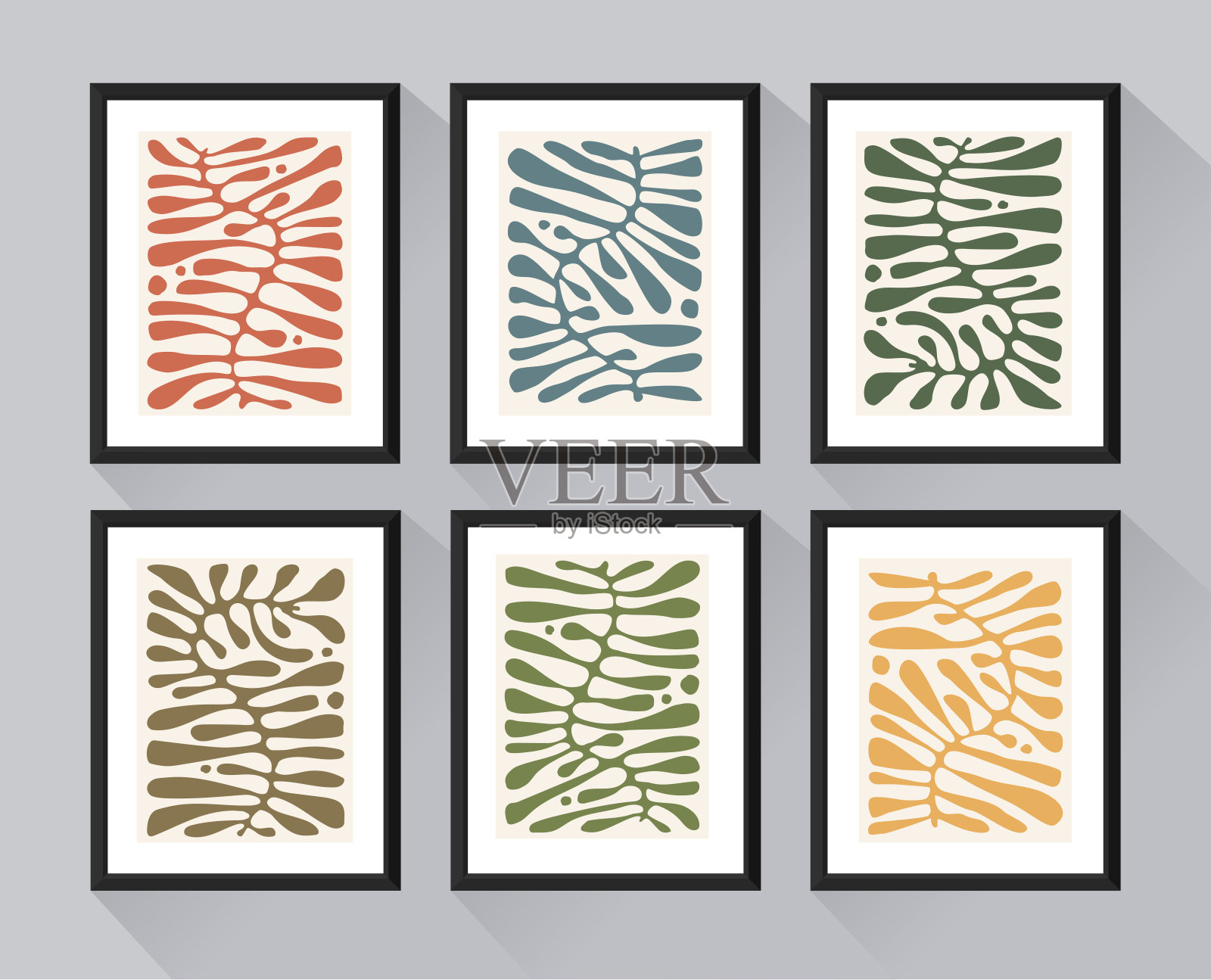 抽象的植物、叶子、花朵，绝妙的艺术背景。现代极简主义的马蒂斯涂鸦背景有机树叶，简单的自然形状。手绘设计壁纸，墙壁装饰，印刷，明信片，封面，模板，横幅。插画图片素材