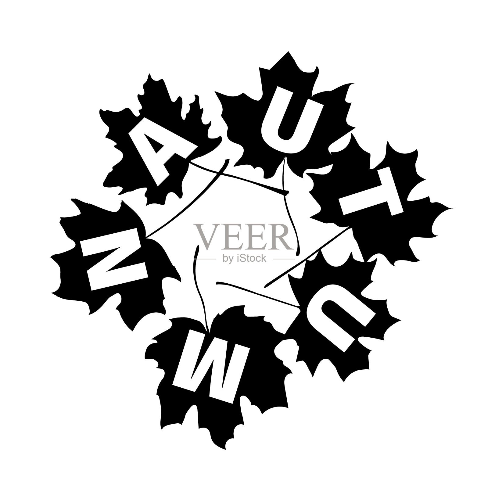 图案圆润的秋叶题词，抽象的剪纸带着飘落，在枫叶的叶子上旋转着字母。秋天的文字和黑色的轮廓，插图。插画图片素材
