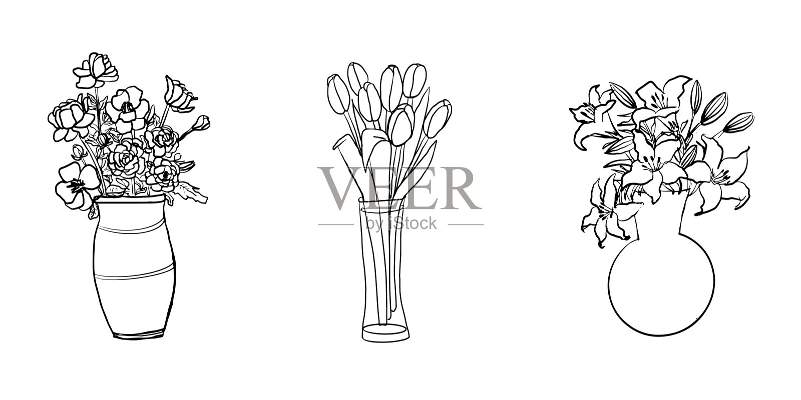 线条艺术在花瓶中熠熠生辉。郁金香，百合花，海葵素描插画图片素材
