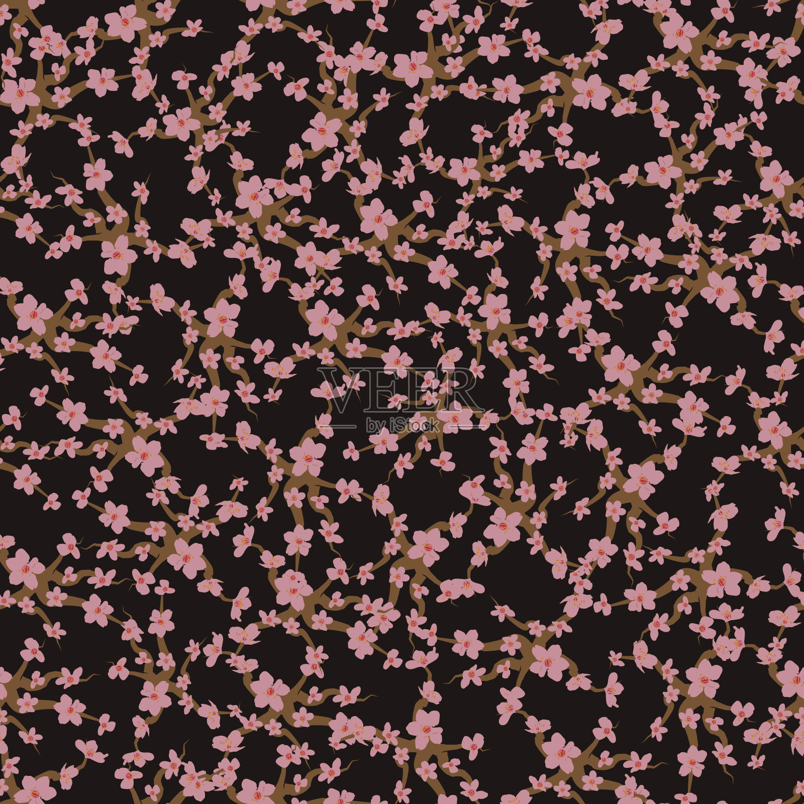 矢量艺术品手绘樱花无缝图案黑色背景。插画图片素材