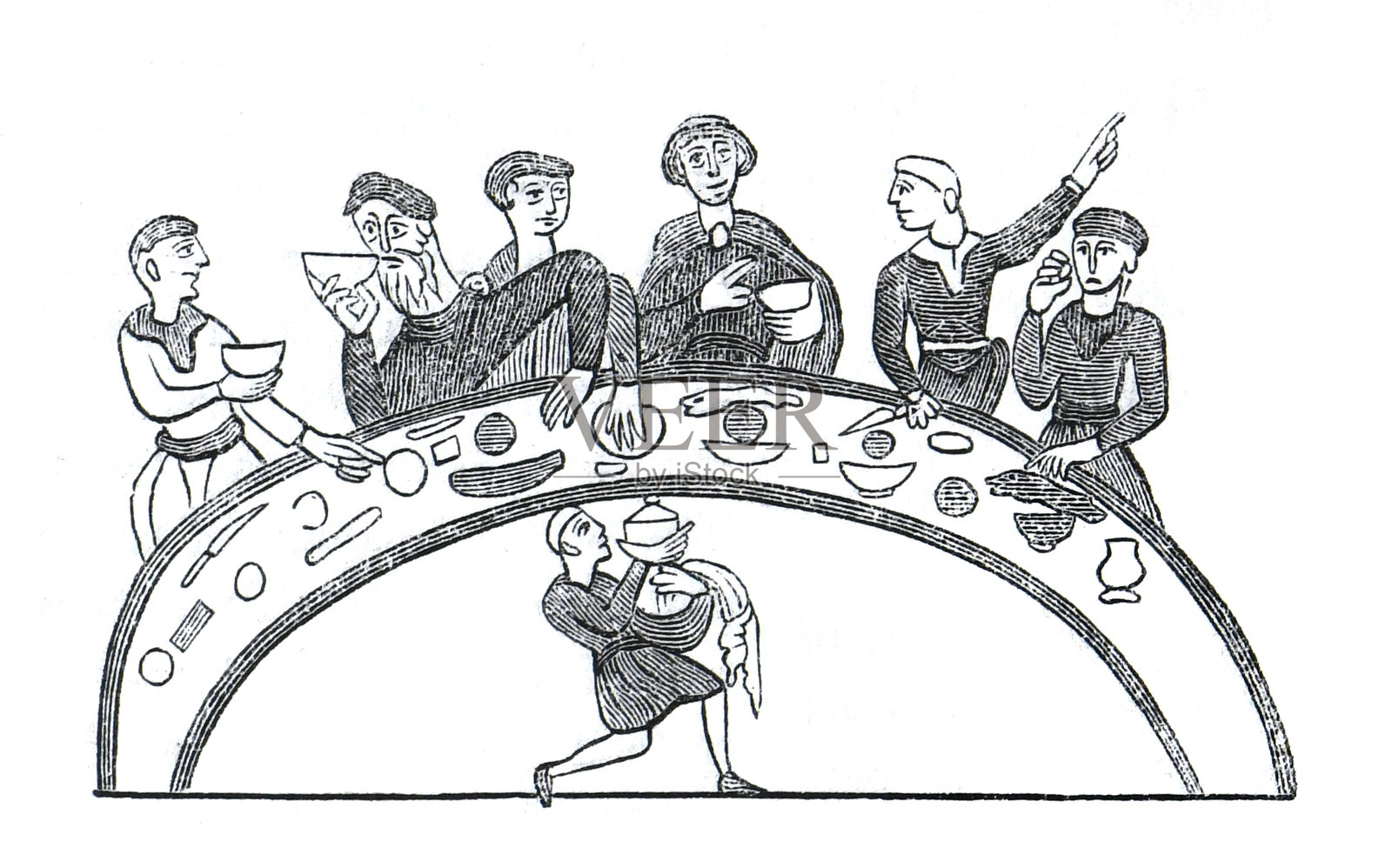 圆桌宴会。(贝叶挂毯)复古音乐盛宴。收获的食物。宴会餐。手绘雕刻复古插图。插画图片素材