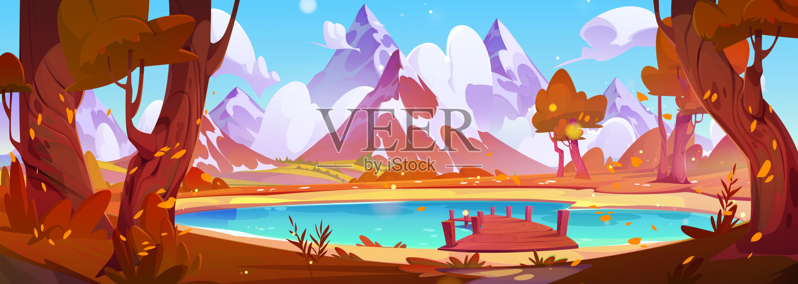 湖上木桩的秋景插画图片素材