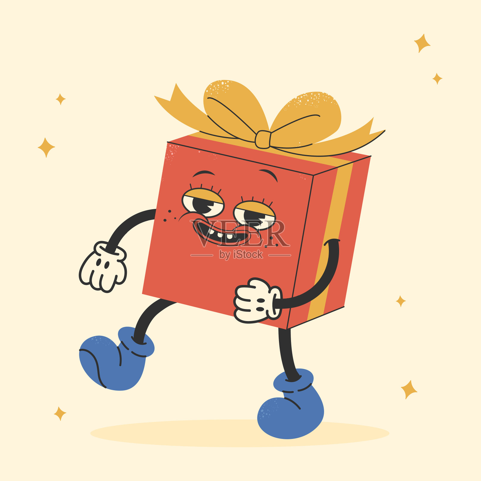 Groovy礼盒与弓卡通人物。赠送或出售的标志在时尚的复古风格。生日购物标志，70年代，60年代。礼品包装。矢量插图EPS 10插画图片素材