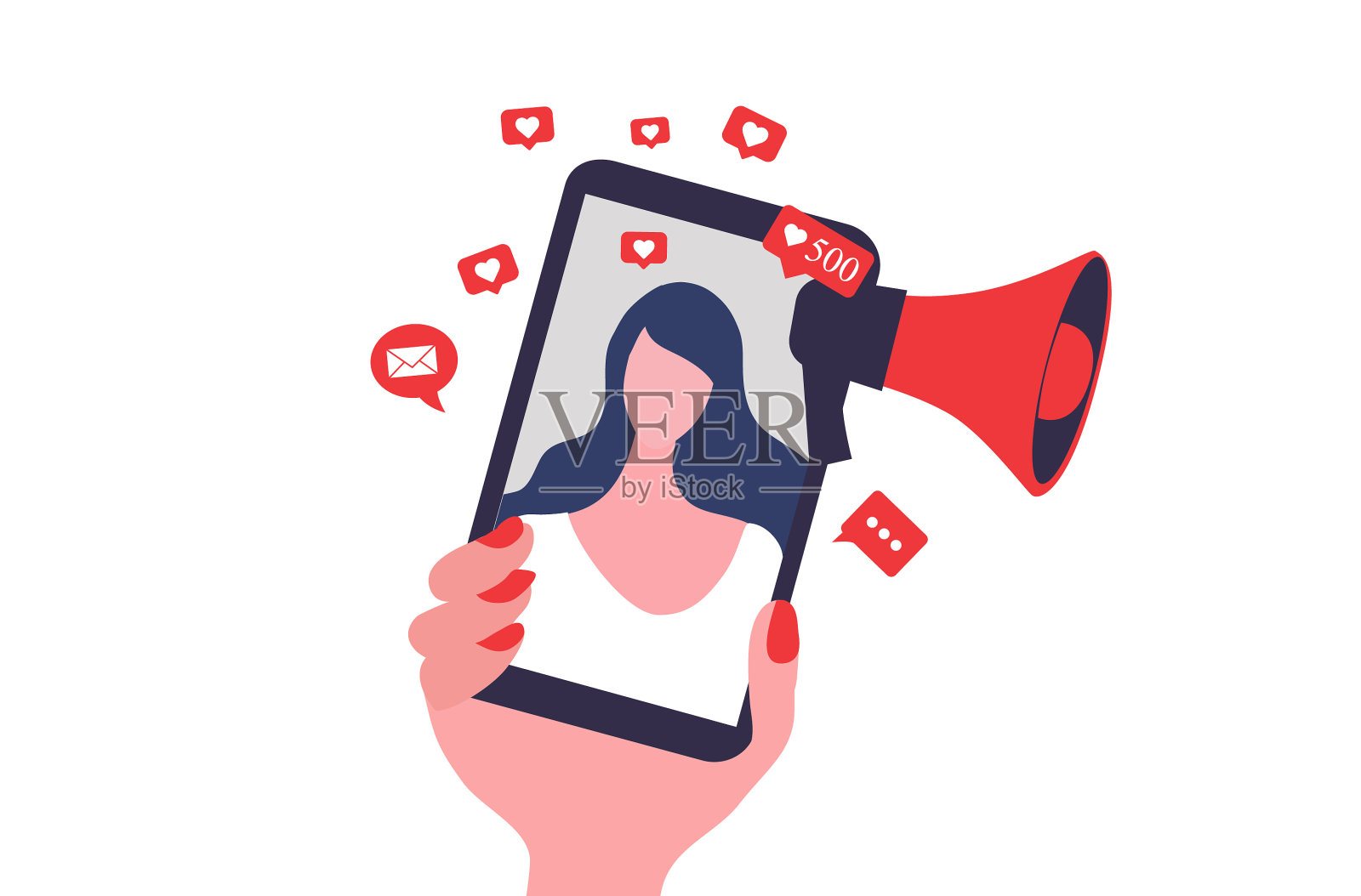 一名女子用扬声器和社交媒体图标大喊大叫。影响者社交媒体营销，vlogger, youtuber，社会影响者和影响者营销概念矢量插图插画图片素材