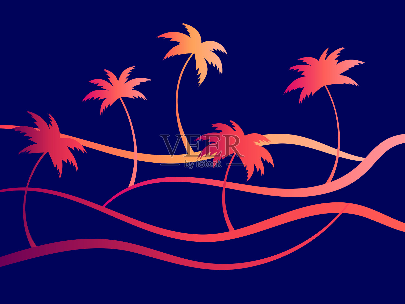 热带波浪景观与棕榈树日落在极简主义风格。夏日热带景观以棕榈树为线条艺术风格。设计印刷t恤和横幅。矢量图插画图片素材