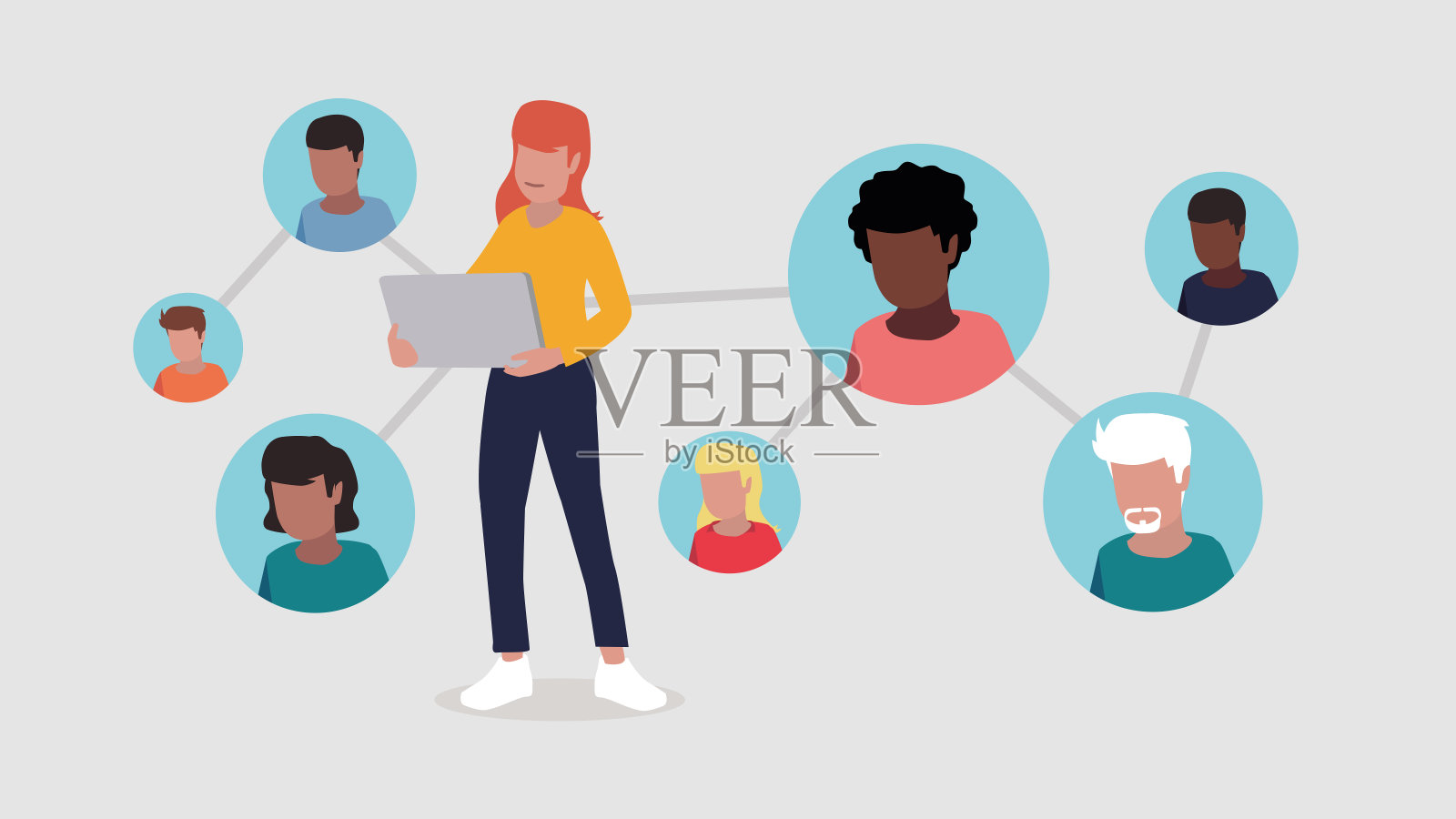 一个女人的矢量插图被连接在一个社会网络-社会网络的概念插画图片素材