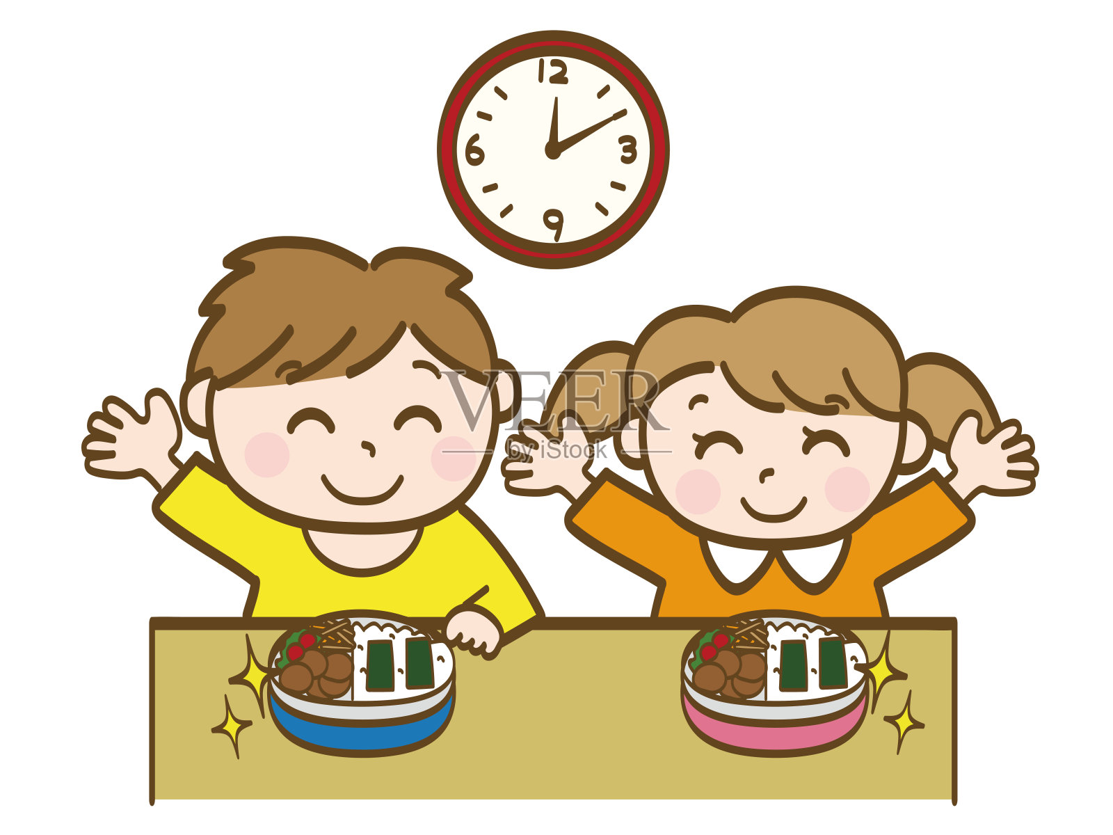男孩和女孩对他们的午餐盒里的东西很满意_小学生_幼儿插画图片素材