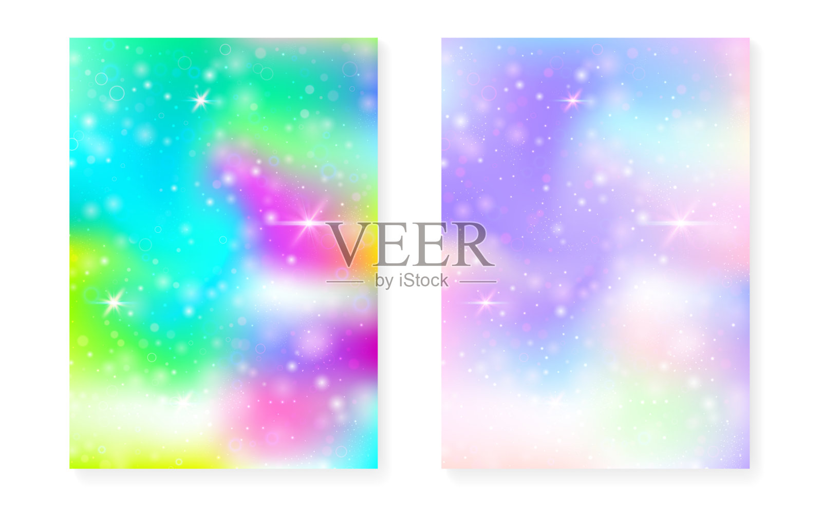 彩虹背景与卡哇伊公主梯度。神奇独角兽全息图。插画图片素材