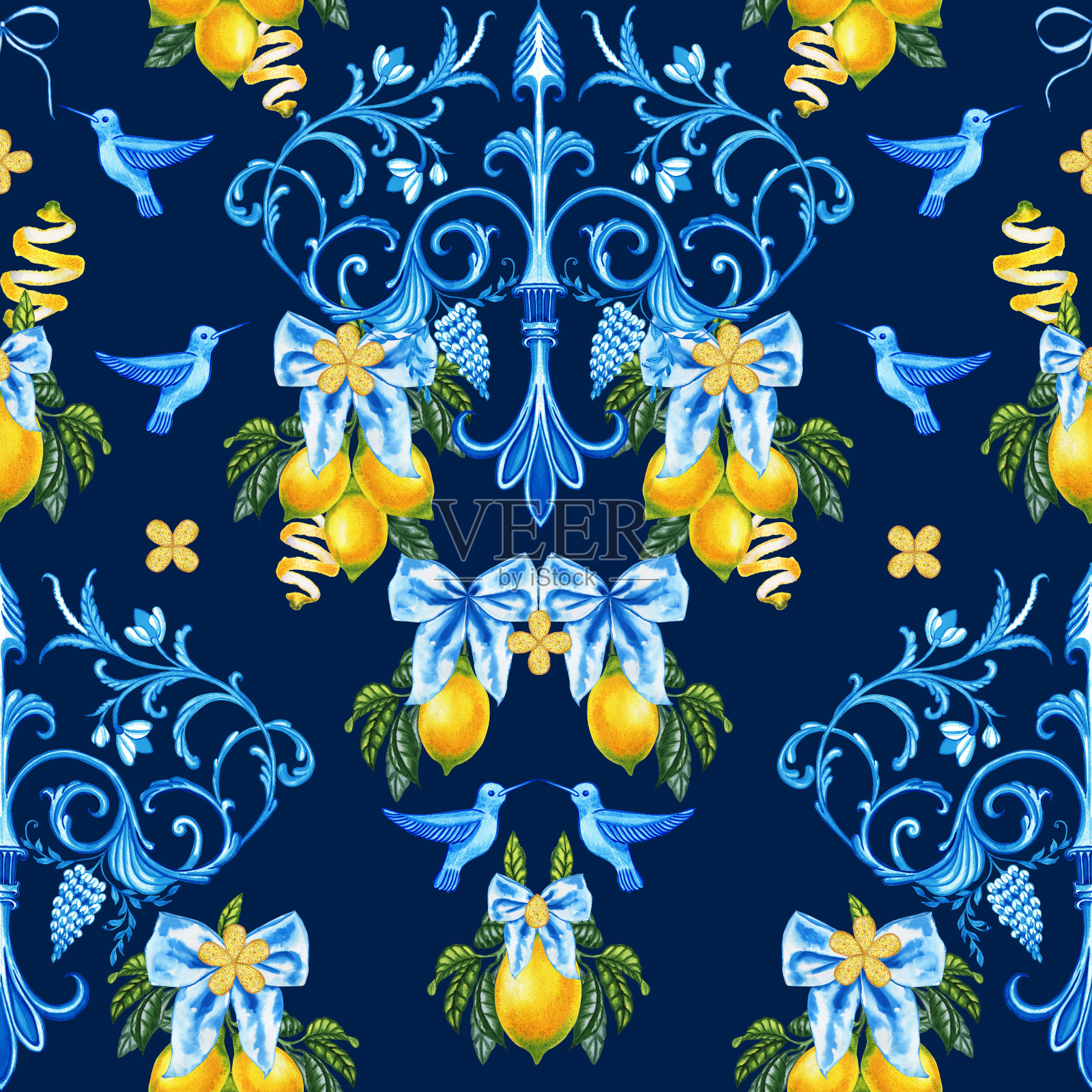 传统意大利装饰和柠檬枝水彩无缝图案。西西里夏季印花与蜂鸟和弓。地中海印花织物和壁纸。黄色柑橘类水果和黄黄碱。插画图片素材