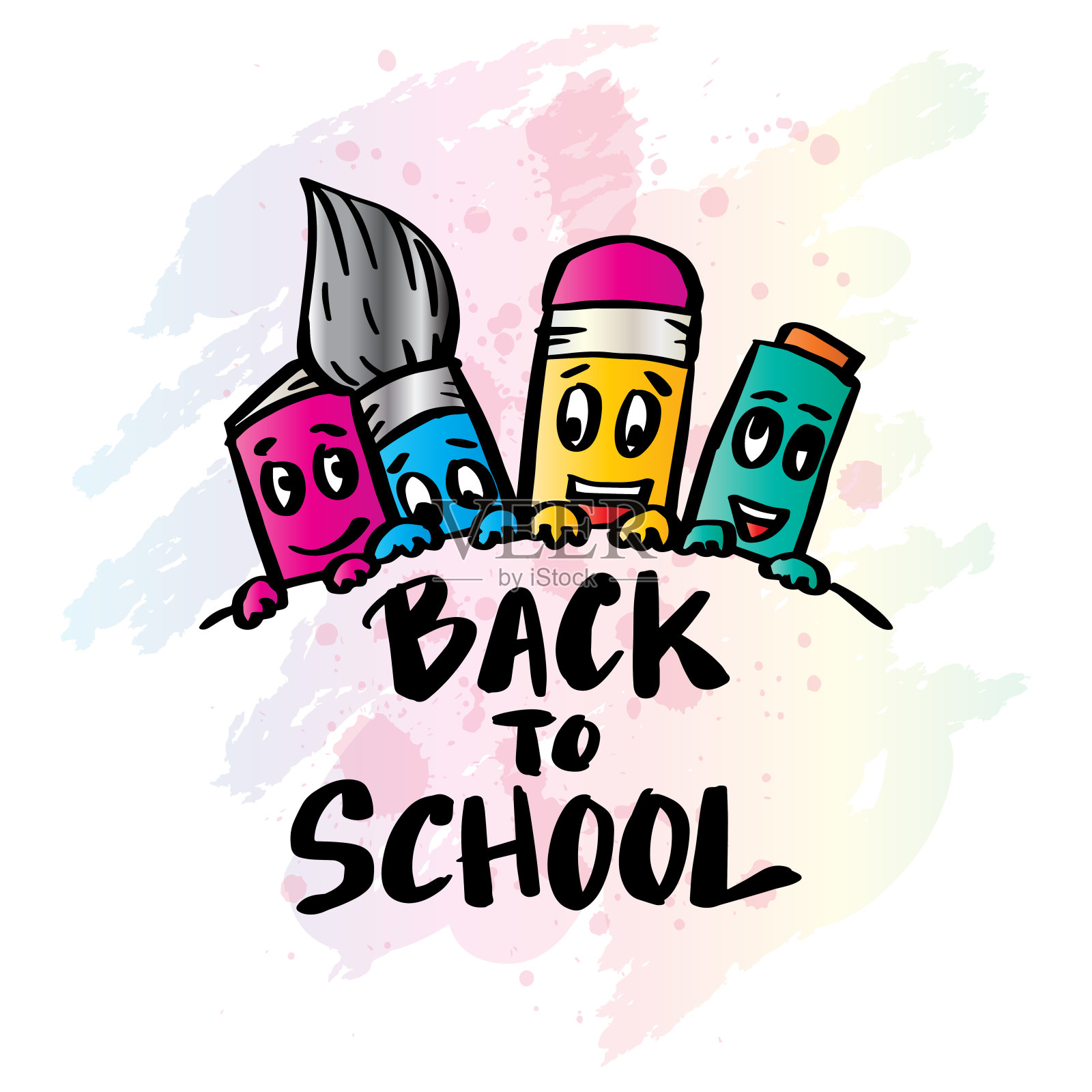 回到学校。黑色和白色手绘矢量插图用画笔的蜡笔。插画图片素材