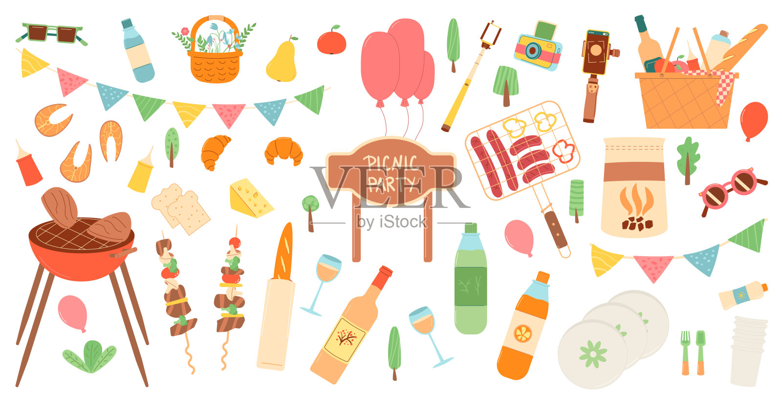野餐聚会被孤立在白色背景上。春节节日庆祝活动要素。公园里的夏日生日大餐。烧烤，烧烤，花篮与饮料和食品。矢量平面插图插画图片素材