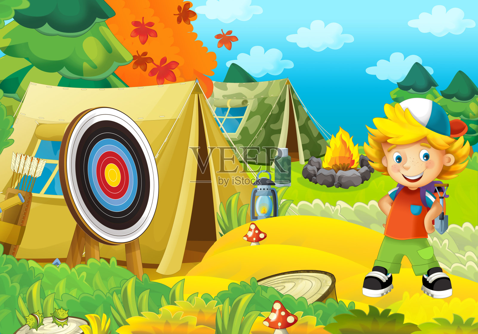 卡通场景以小朋友在大自然中旅行的童年为主题，为小朋友们提供欢快的童军插画插画图片素材