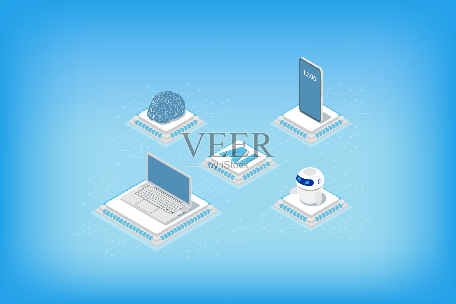 等距人工智能。大脑的数字神经网络，人工智能服务器和机器人，人工智能机器人和智能机器人建筑。插画图片素材