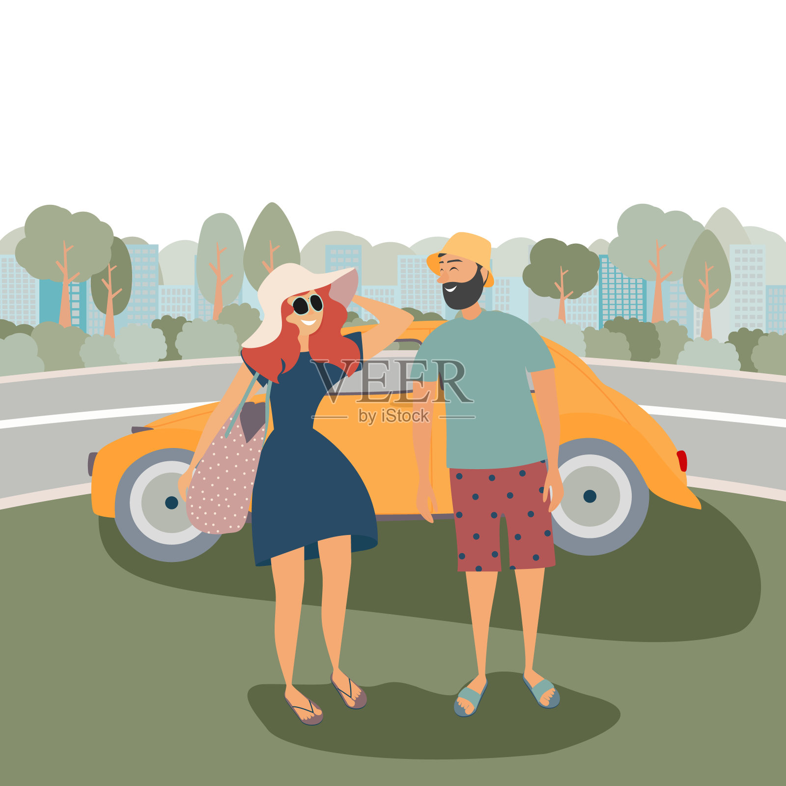 一家人穿着沙滩装走在一辆汽车的背景下插画图片素材