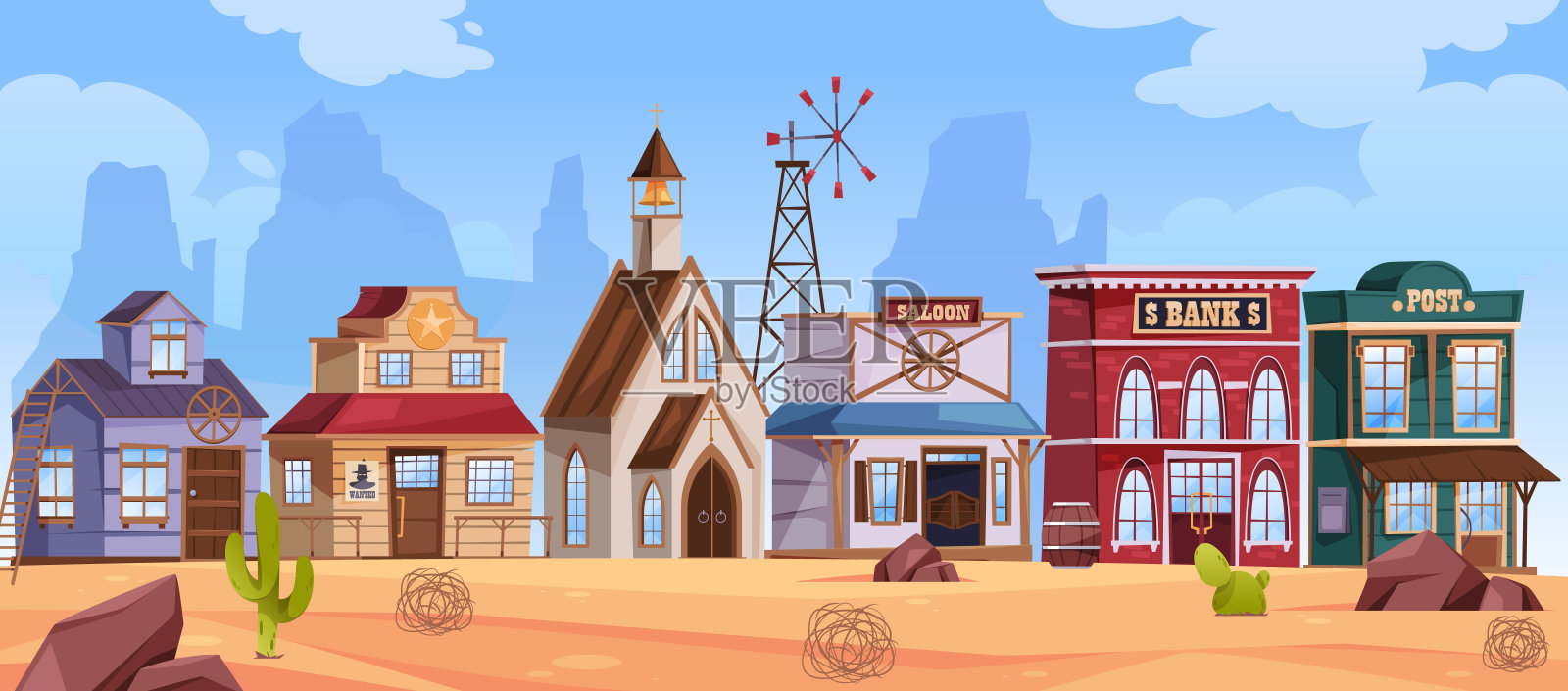 城市的天际线，西部小镇的木屋和质朴的建筑。矢量卡通景观与建筑物，岩石和仙人掌，沙丘和沙漠的气氛，狂野的西部位置的游戏插画图片素材