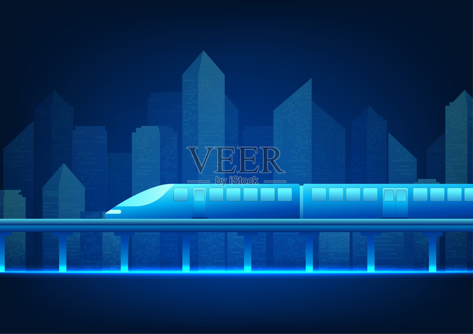 高速电动列车作为智慧城市物流运输的技术背景，高速电动列车后面的轨道是一个大城市。插画图片素材