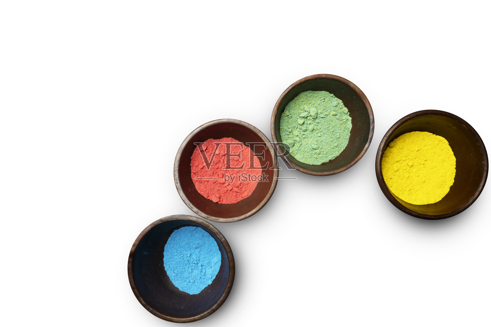 俯视图彩色传统胡里粉在碗孤立的白色背景照片摄影图片