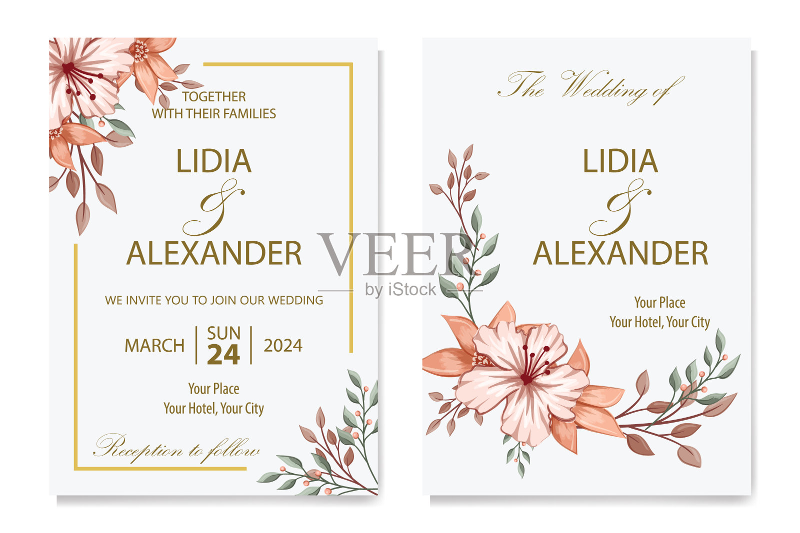 装饰花卉叶片装饰的婚礼邀请插画图片素材