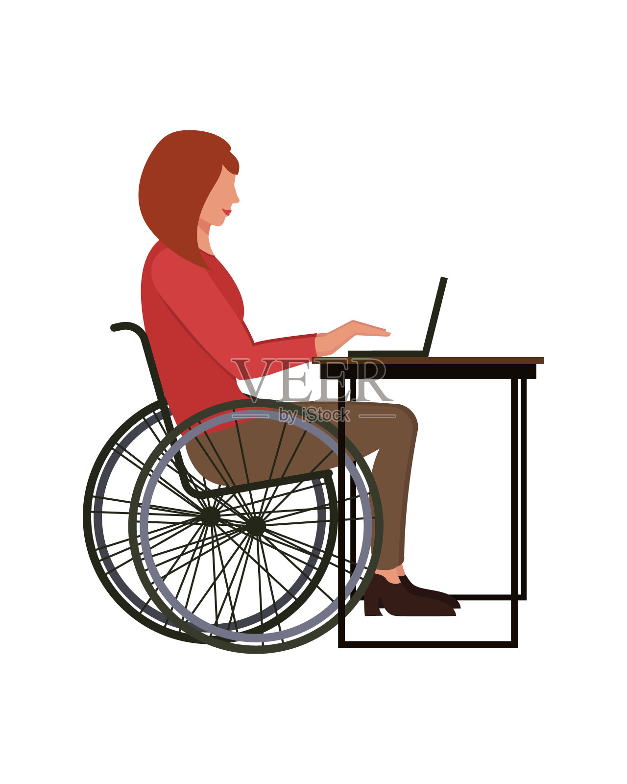 一个坐在轮椅上的女人在办公室用笔记本电脑工作。插画图片素材