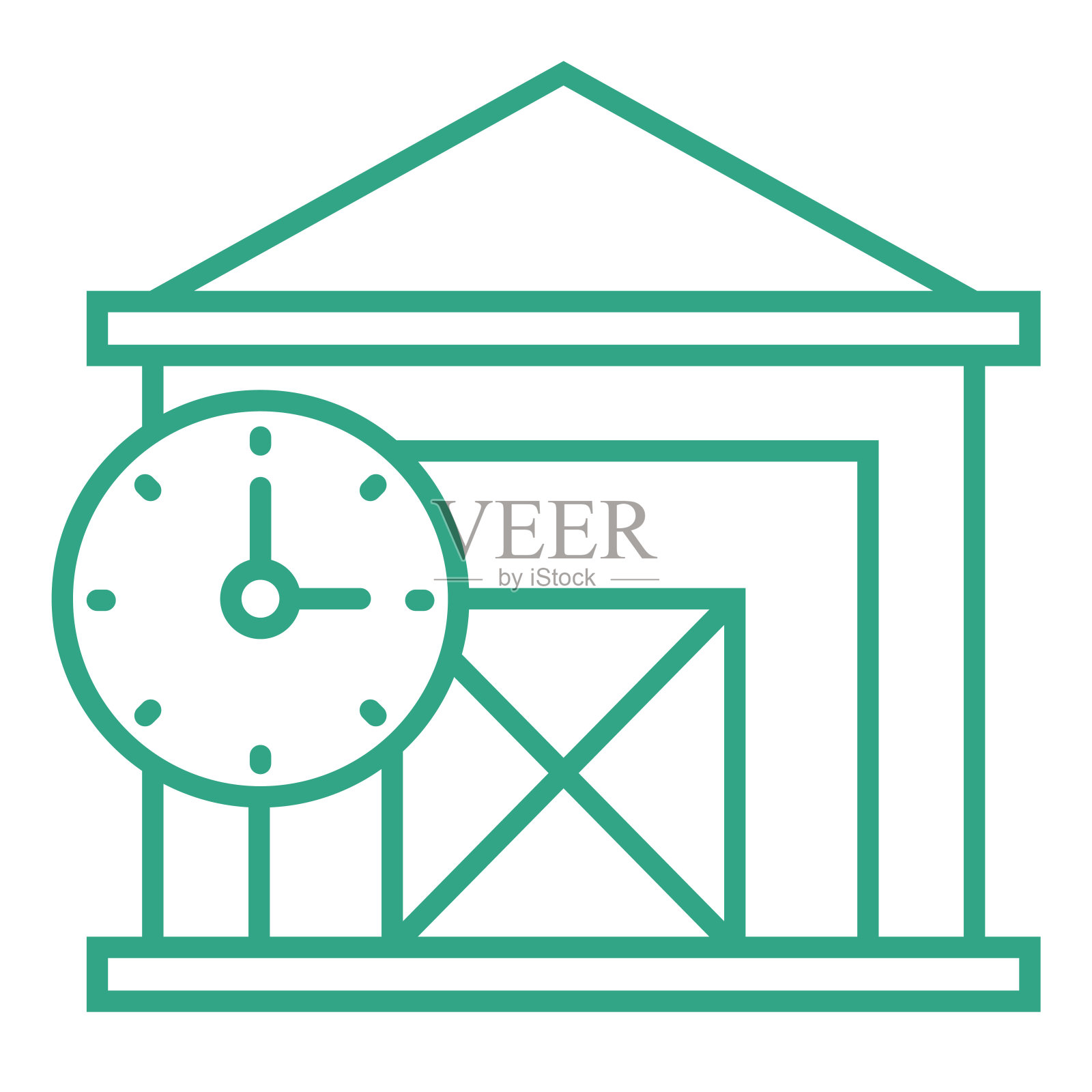 轮廓小仓库图标与时钟隔离在白色背景上。供应链的一部分。盒子里面。插画图片素材