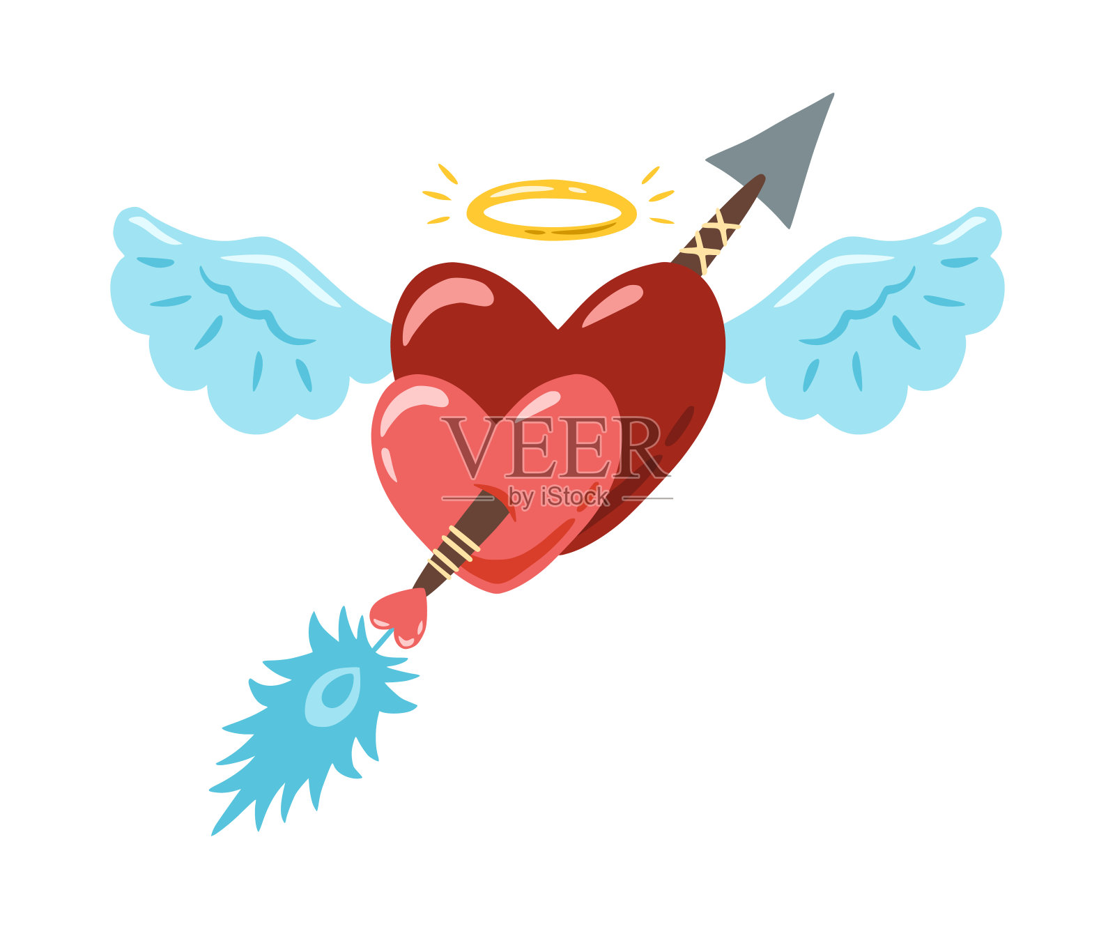 带着天使翅膀飞翔的心。被箭穿的心。设计贺卡，邀请，印刷，贴纸。情人节插图。插画图片素材