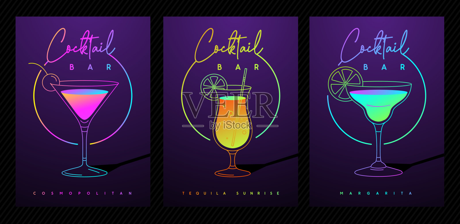 一套现代荧光鸡尾酒会海报与鸡尾酒在不同类型的玻璃杯。鸡尾酒菜单设计。矢量图插画图片素材