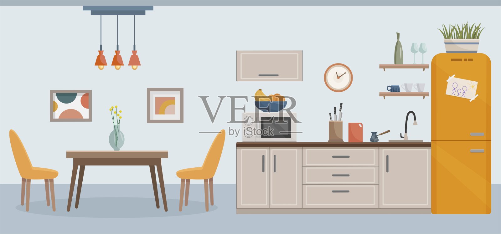 舒适的厨房内部配有家具，炉子，排气罩。厨房的装饰。厨房家具:桌、椅、架、画、厨窗。矢量平面风格。插画图片素材