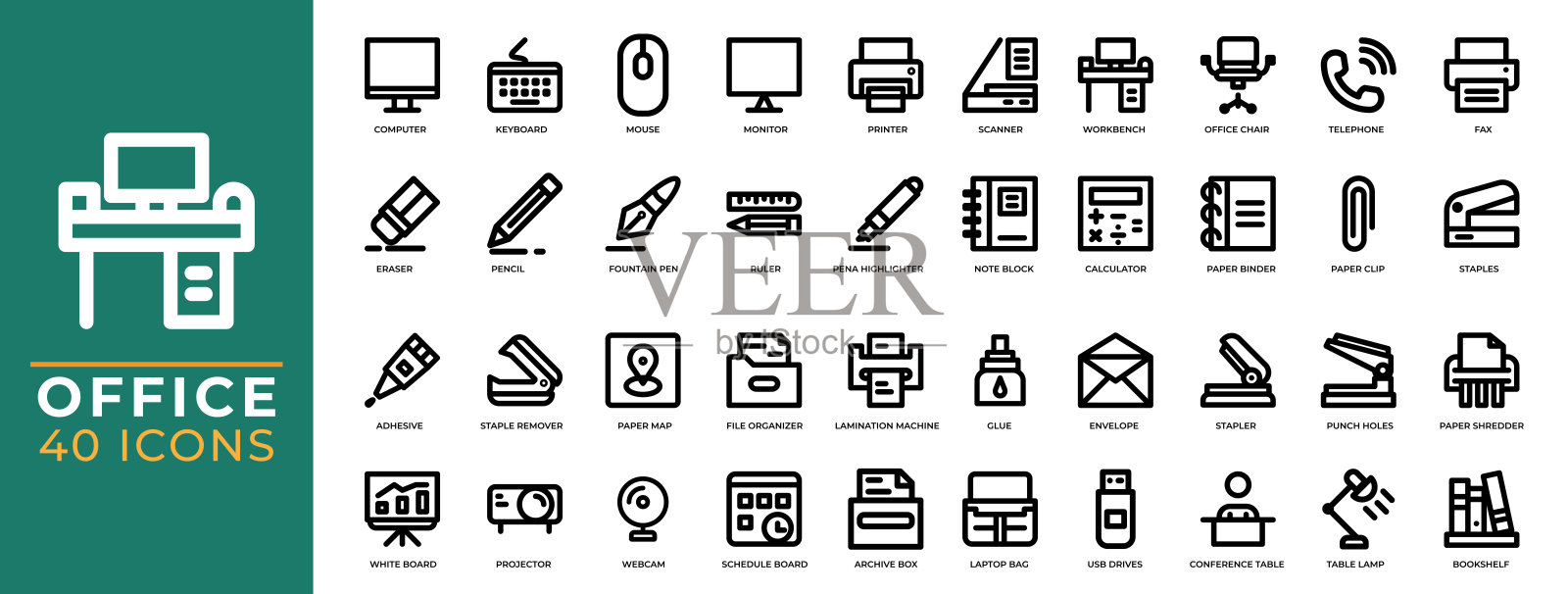办公室和商业细线图标集矢量符号插画图片素材
