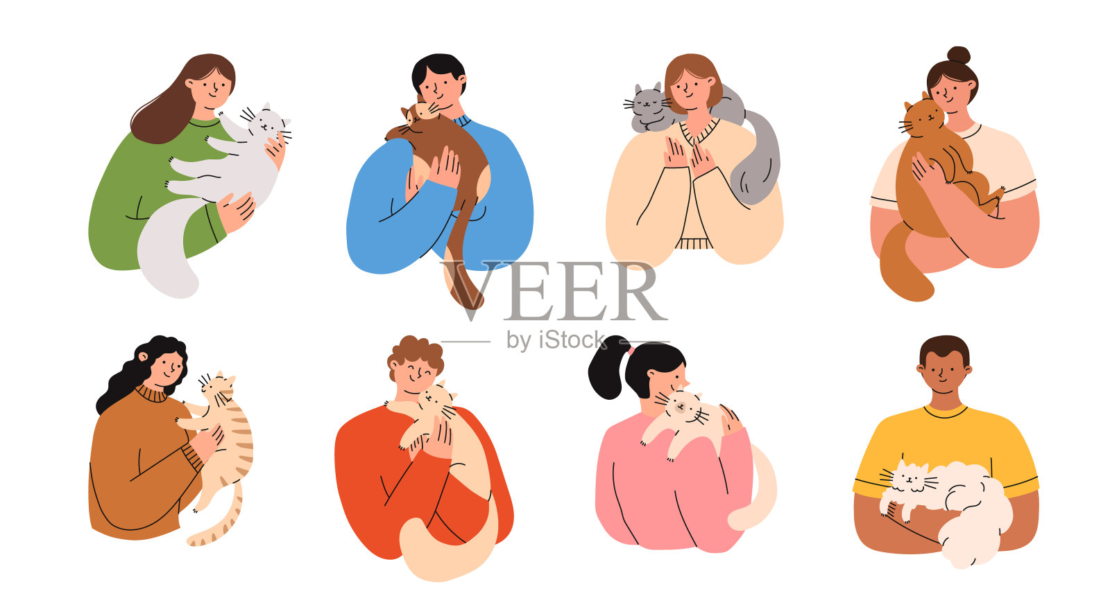 宠物主人设置。人们手里拿着可爱的猫。平面矢量插图。插画图片素材