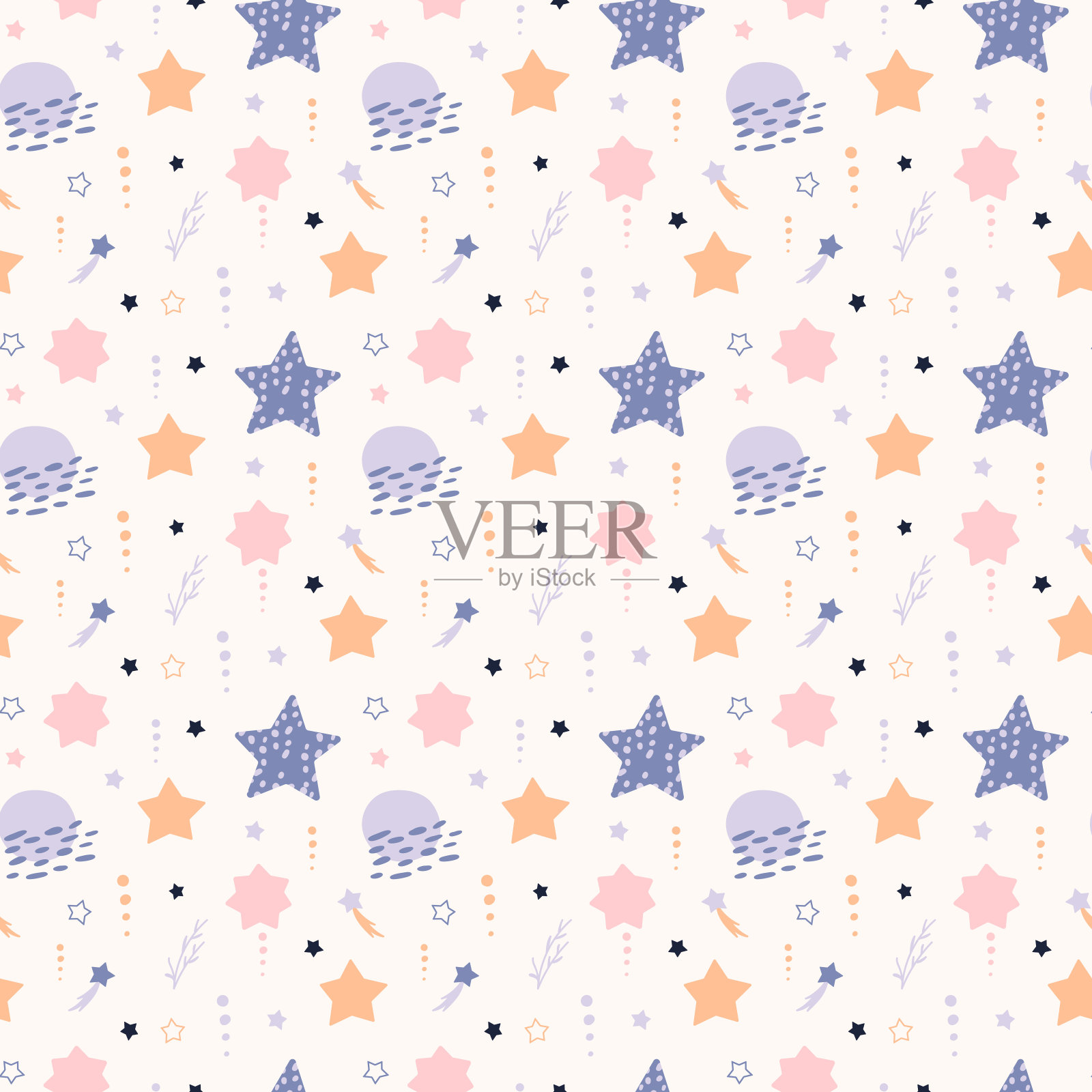 波西米亚婴儿图案。波西米亚风格的无缝婴儿图案。波西米亚图案的孩子与有机形状和星星在白色的背景。插画图片素材