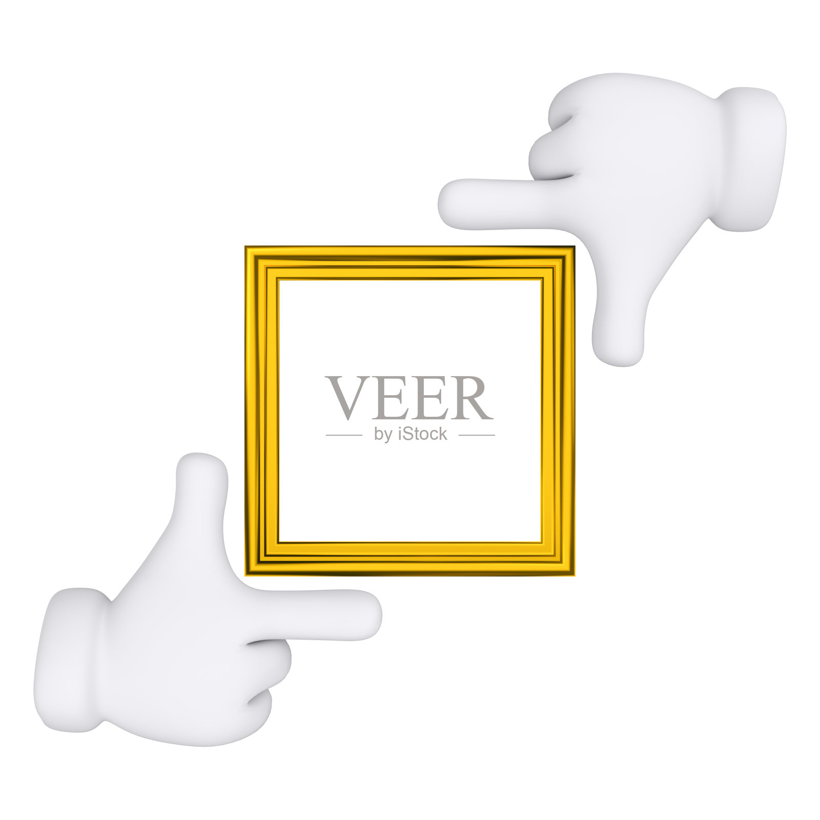 金色框架与卡通手隔离。聚焦手势模型。三维渲染照片摄影图片