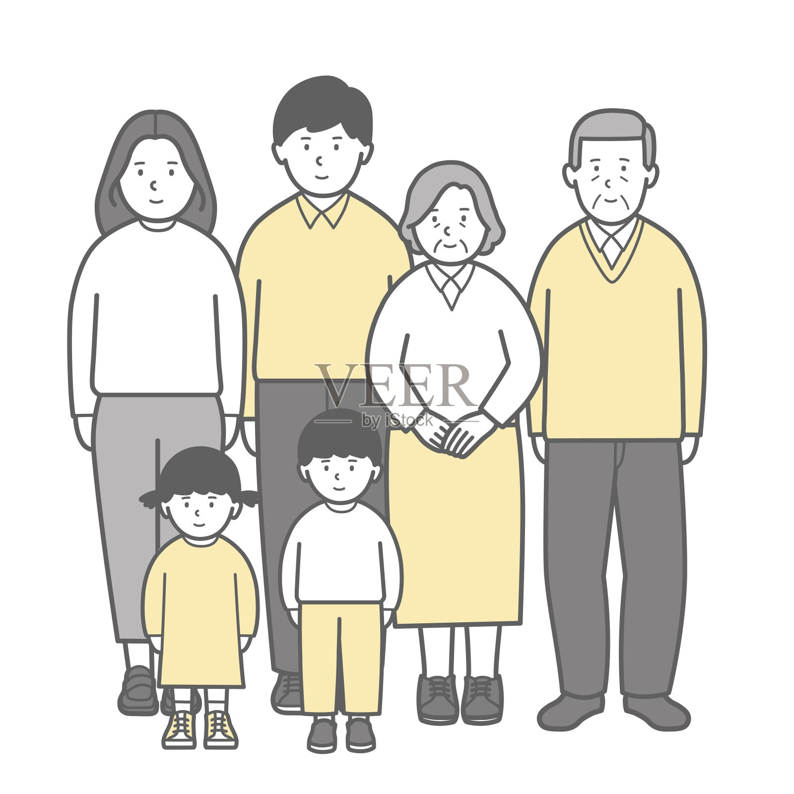 三代人的全身插图，一对夫妇带着孩子和一对老夫妇插画图片素材