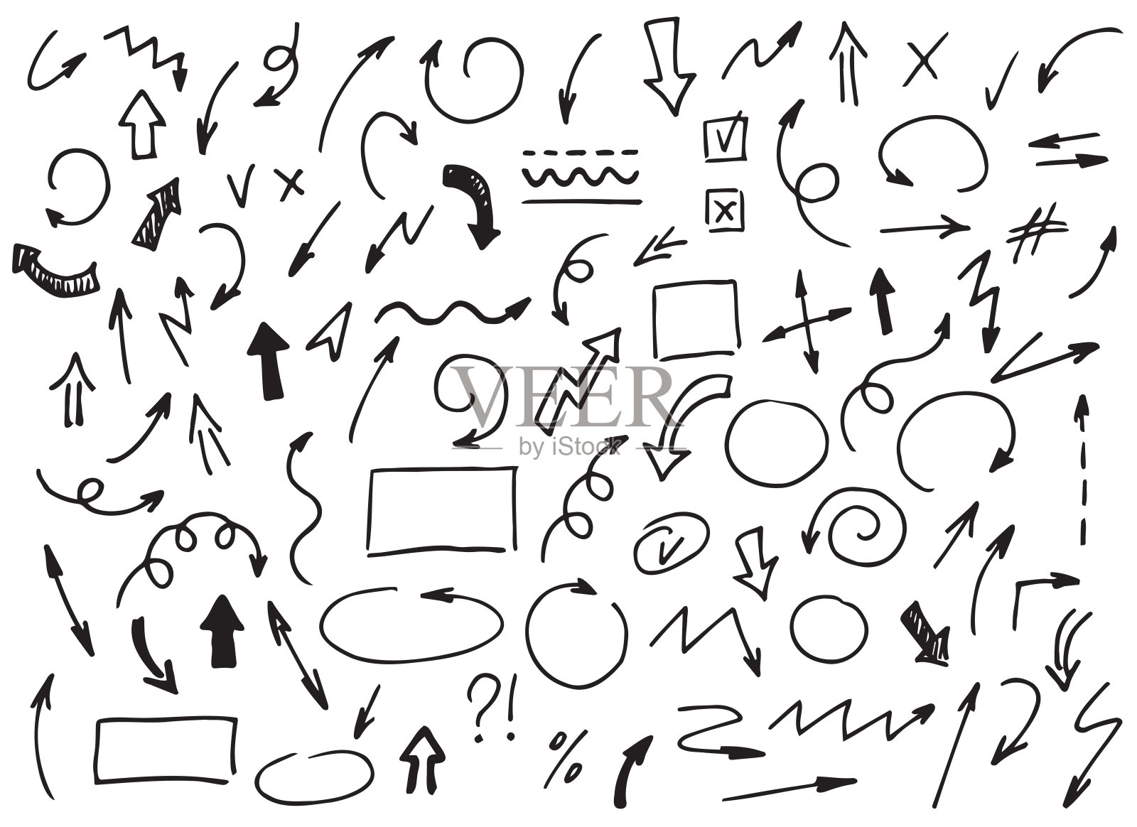 一组箭头、框架和符号。手绘手绘矢量涂鸦不同的曲线，漩涡，十字，圆圈和检查标记。插画图片素材