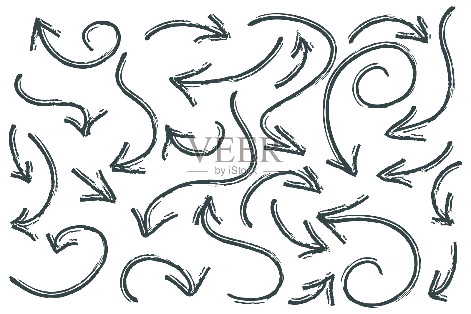 箭头符号设置。深蓝色的手画垃圾箭头在白色的背景。插画图片素材