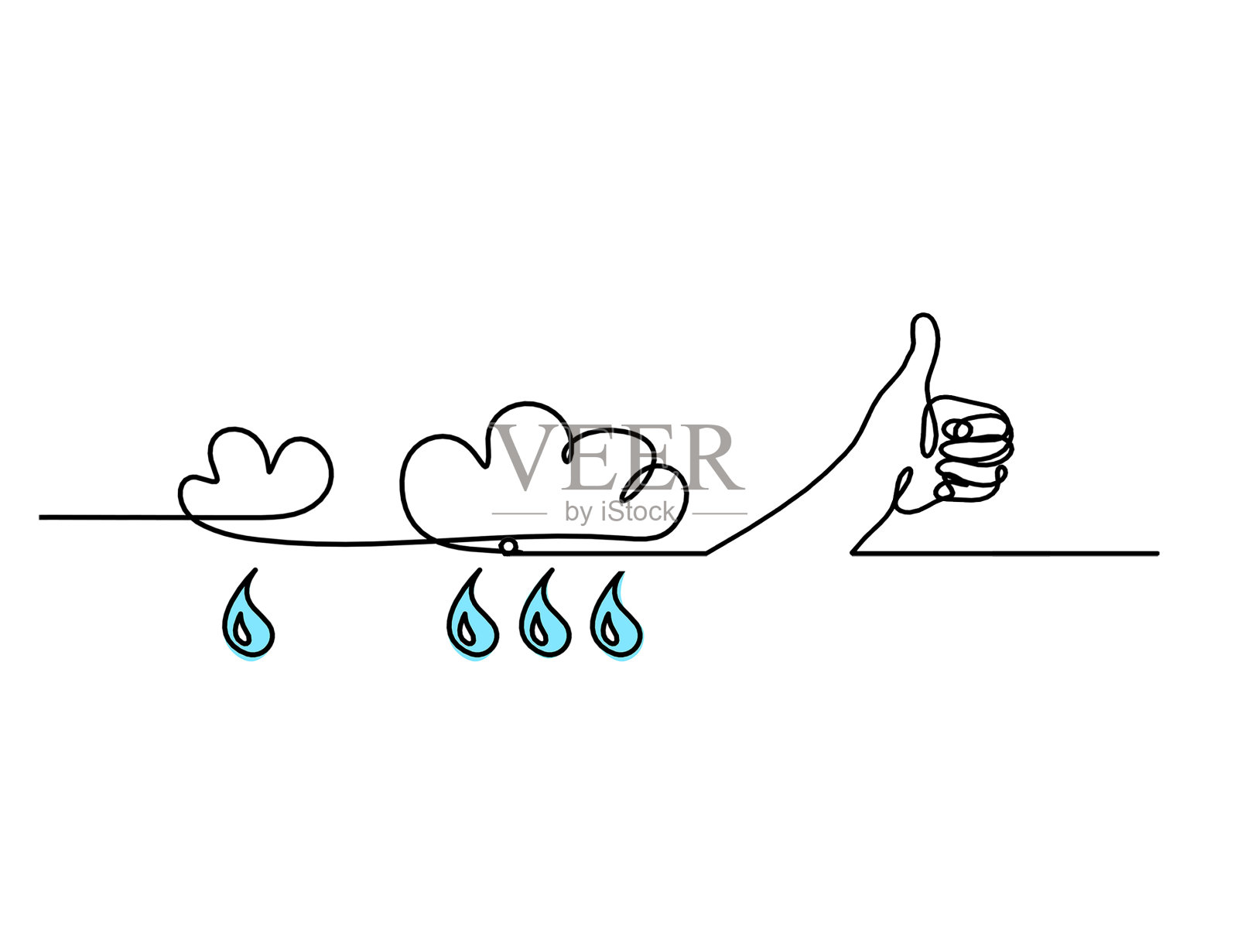 抽象蓝滴与云和手作为线条画在白色插画图片素材