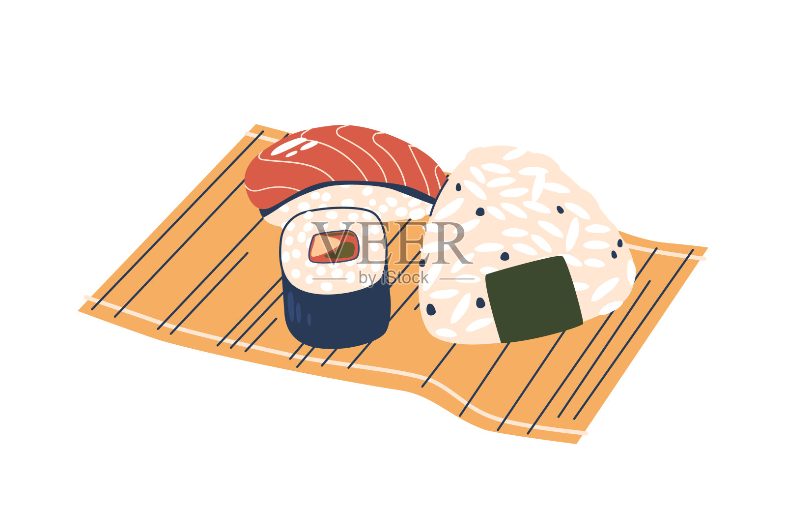 寿司，生鱼片和寿司卷的特色是熟练地切片生鱼，充满活力的蔬菜和调味米饭，巧妙地结合在一起插画图片素材