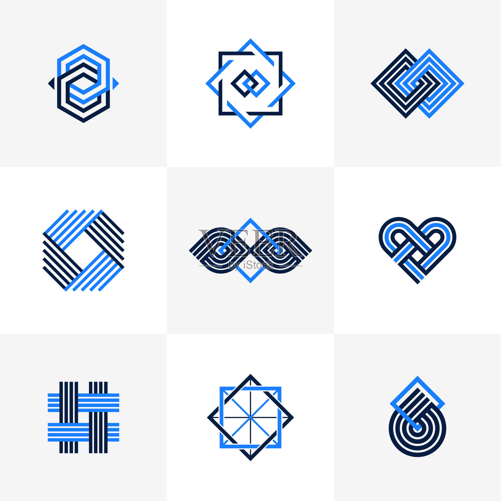 平面设计元素的标志创作，交织的线条复古风格的图标集合，抽象的几何线性符号向量集。插画图片素材