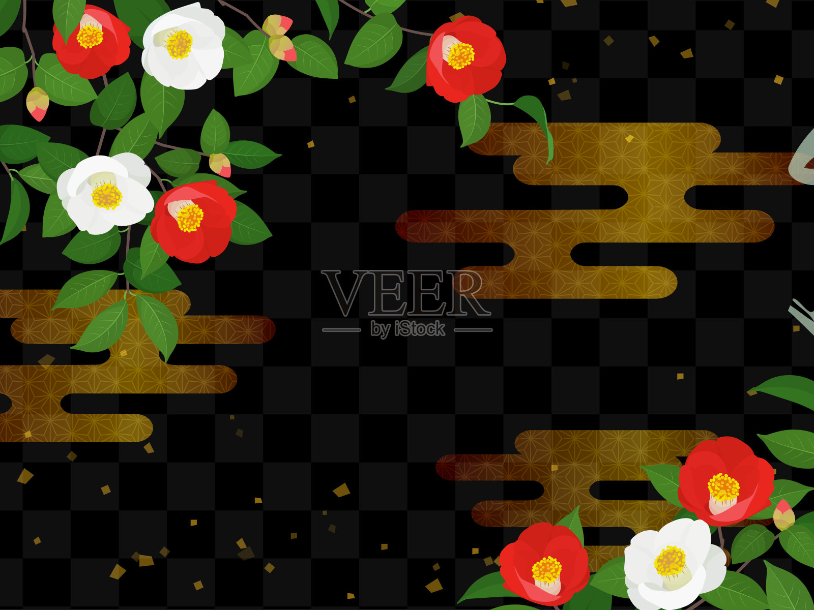 夜晚的山茶花和金色的云彩——日本背景插画图片素材