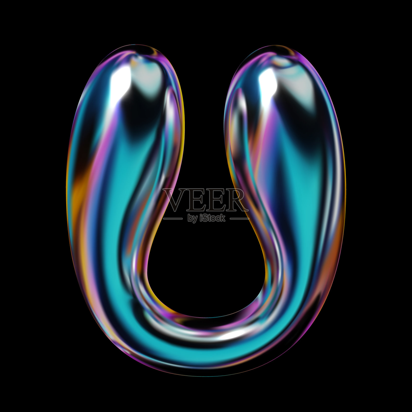 光滑的3D U字母全息风格，Y2K设计与玻璃或金属纹理，复古的未来主义向量插画图片素材
