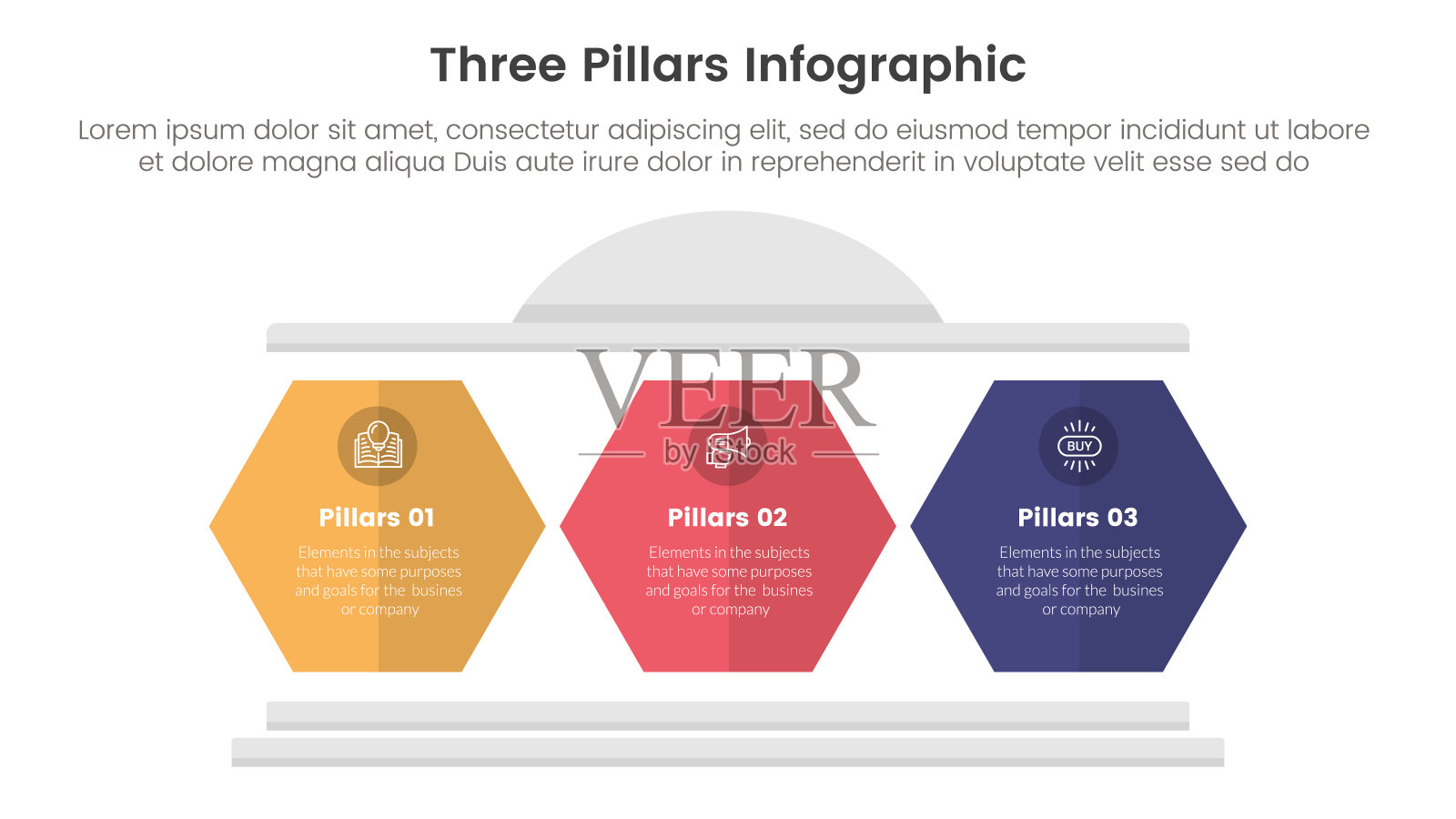 三支柱框架与古代经典建筑信息图三点舞台模板与六边形支柱形状幻灯片演示插画图片素材