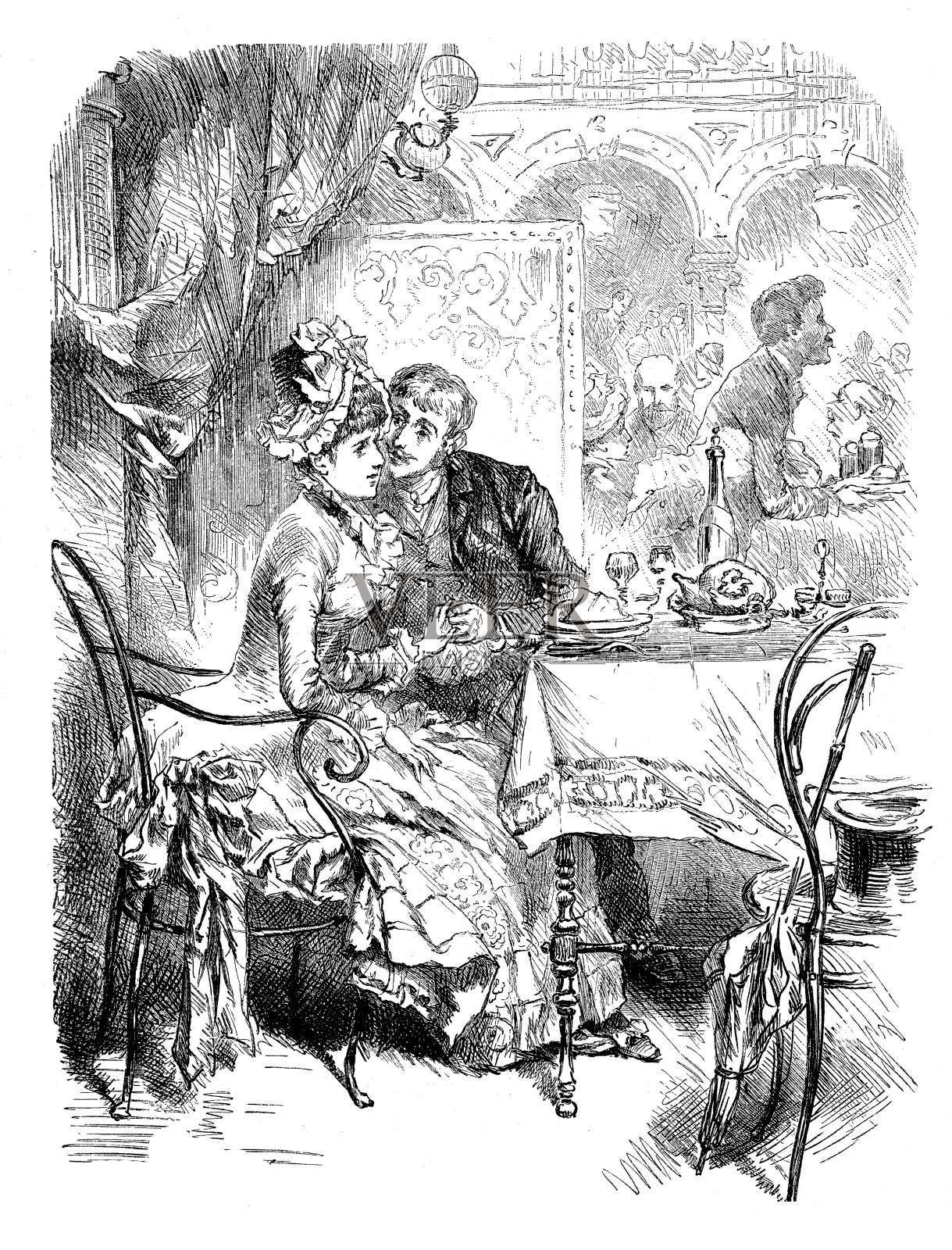 餐厅里的浪漫:一个年轻人在一个摊位上追求一个害羞的女孩，复古的雕刻插画图片素材