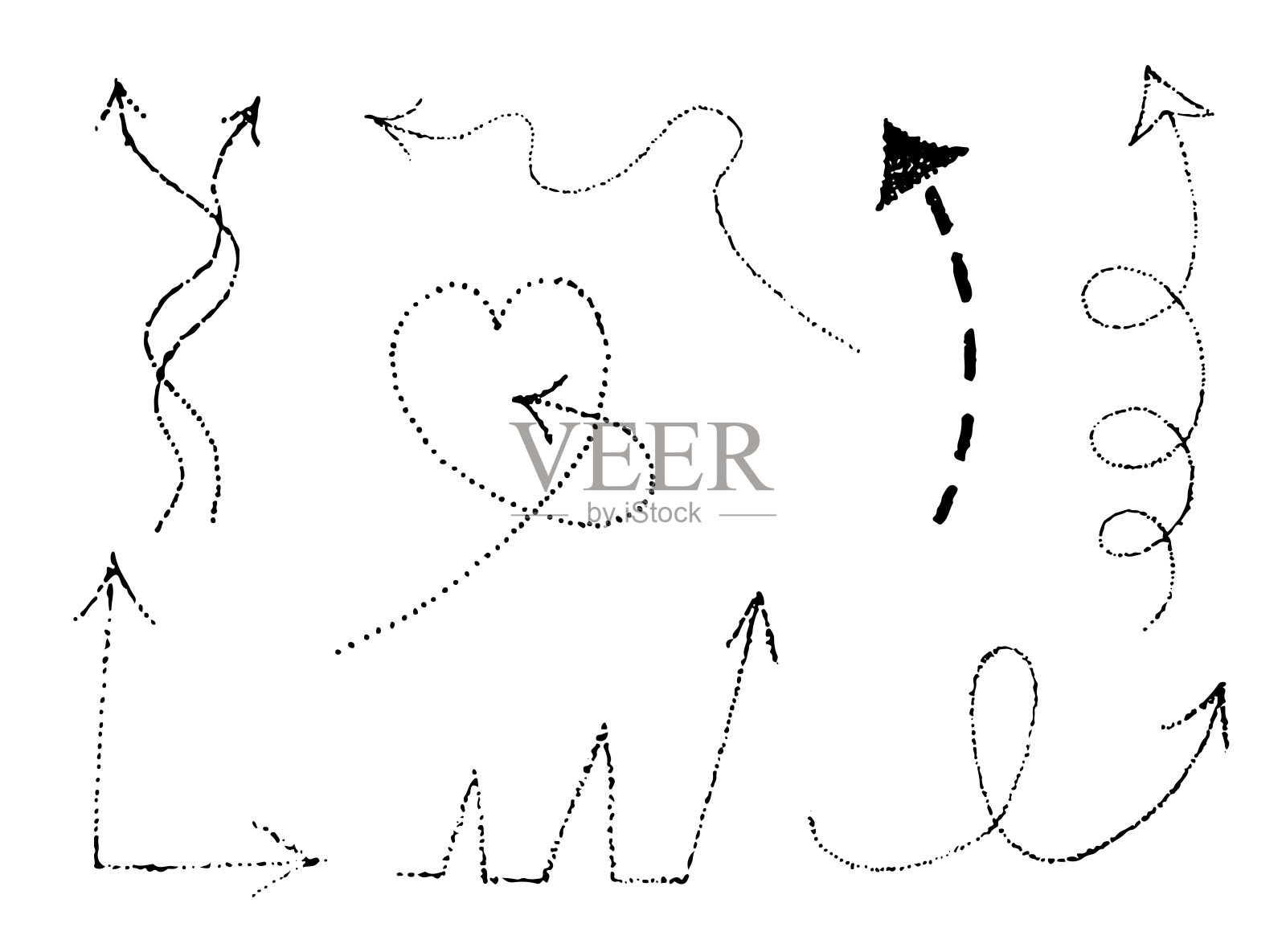 一组箭头，矢量插图在涂鸦风格和素描技术，点，纹身，贴纸的设计和装饰，黑点在一个白色的背景插画图片素材